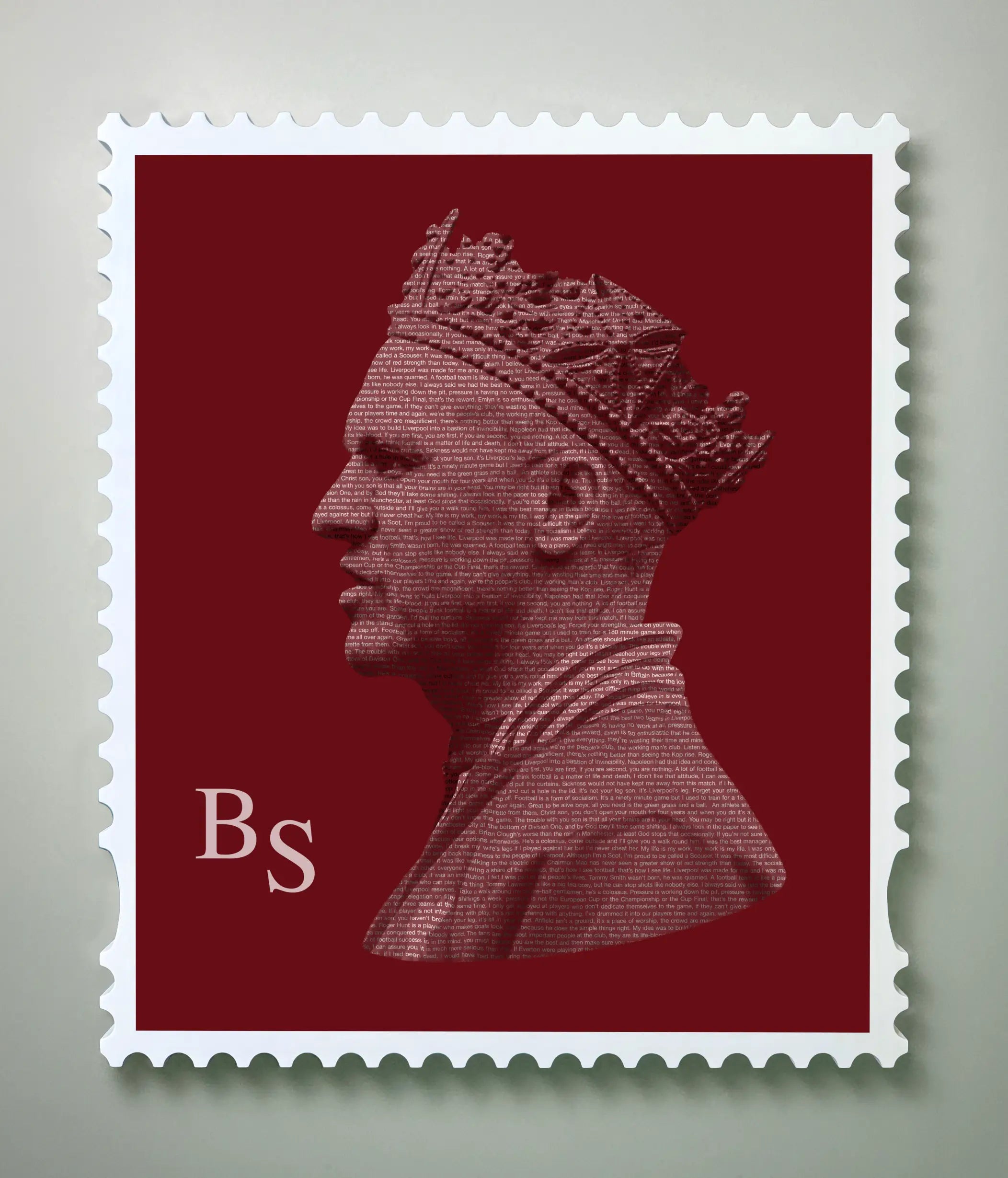 Framed Bill Shankly stamp artwork in white wooden frame front view on aluminium print