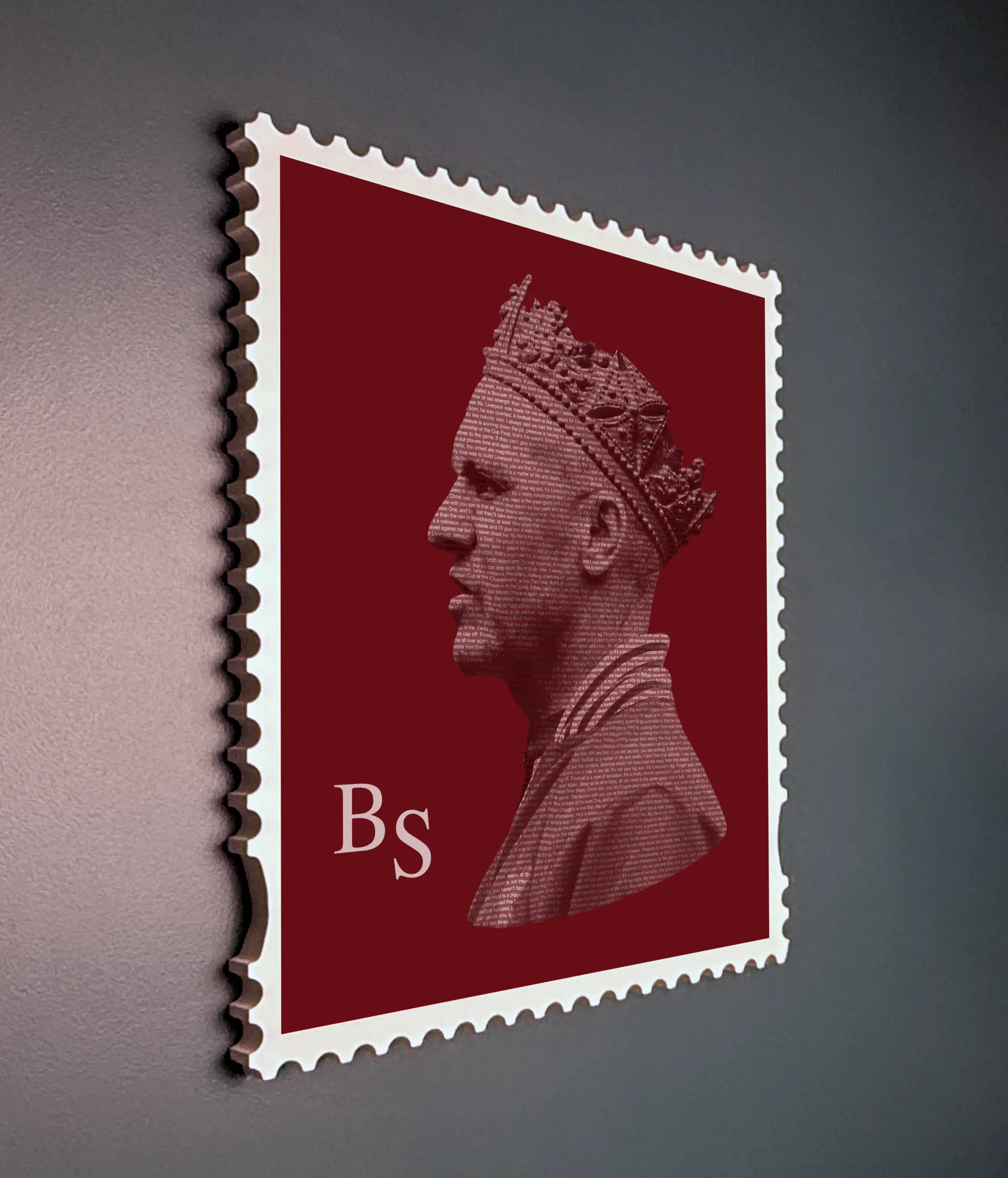 Framed Bill Shankly stamp artwork shown from side angle in white wooden frame highlighting depth and premium aluminium print finish