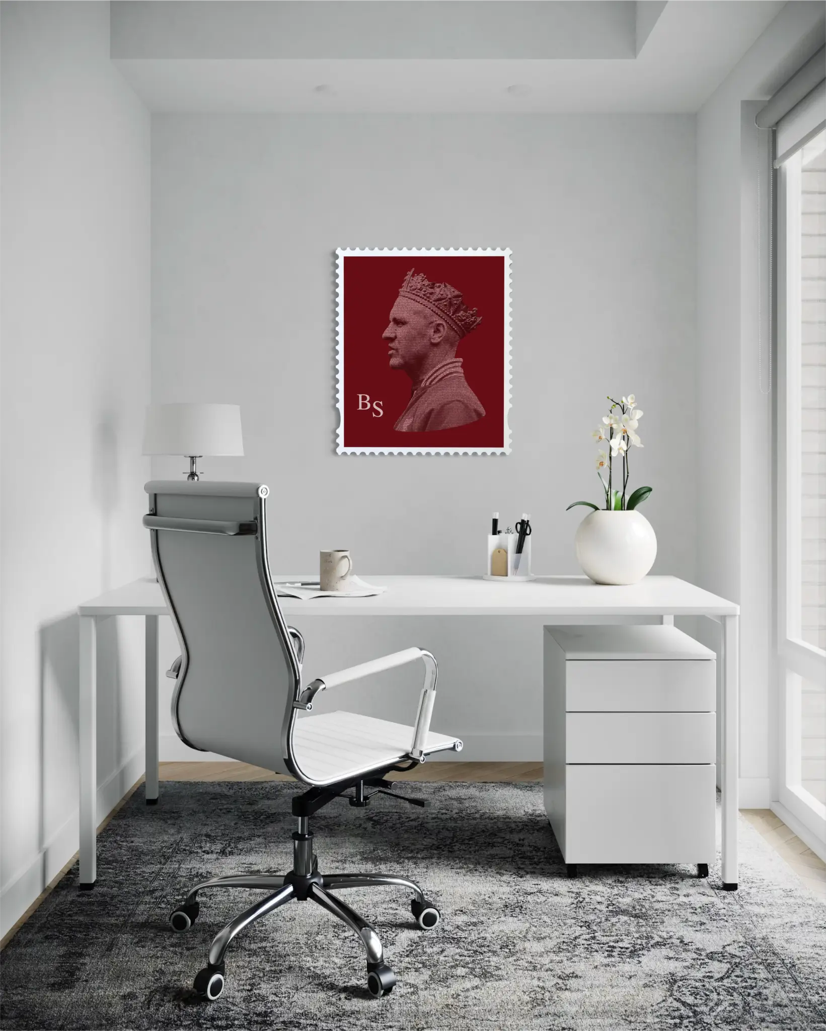 Liverpool stamp artwork featuring Bill Shankly in a handmade wooden frame, displayed in a modern home office setting. #size_Large