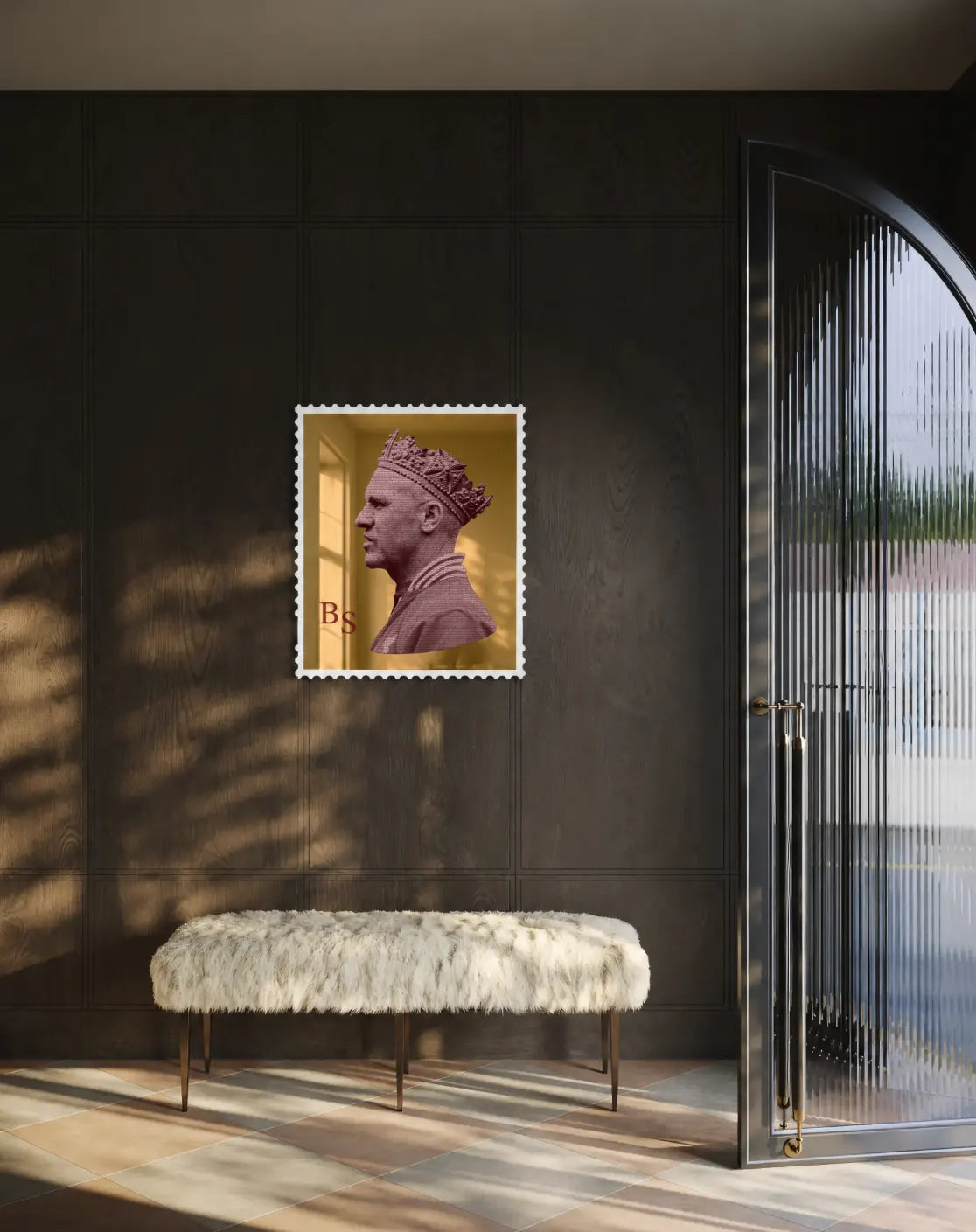 Bill Shankly typography portrait in gold mirror acrylic stamp frame hung on a dark panelled wall above a fur bench in a luxury hallway. #size-large #colour-gold