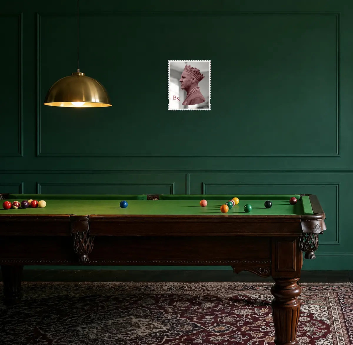 Bill Shankly typography portrait in silver mirror acrylic stamp frame displayed above a snooker table in a dark green games room. #size_medium #colour-silver