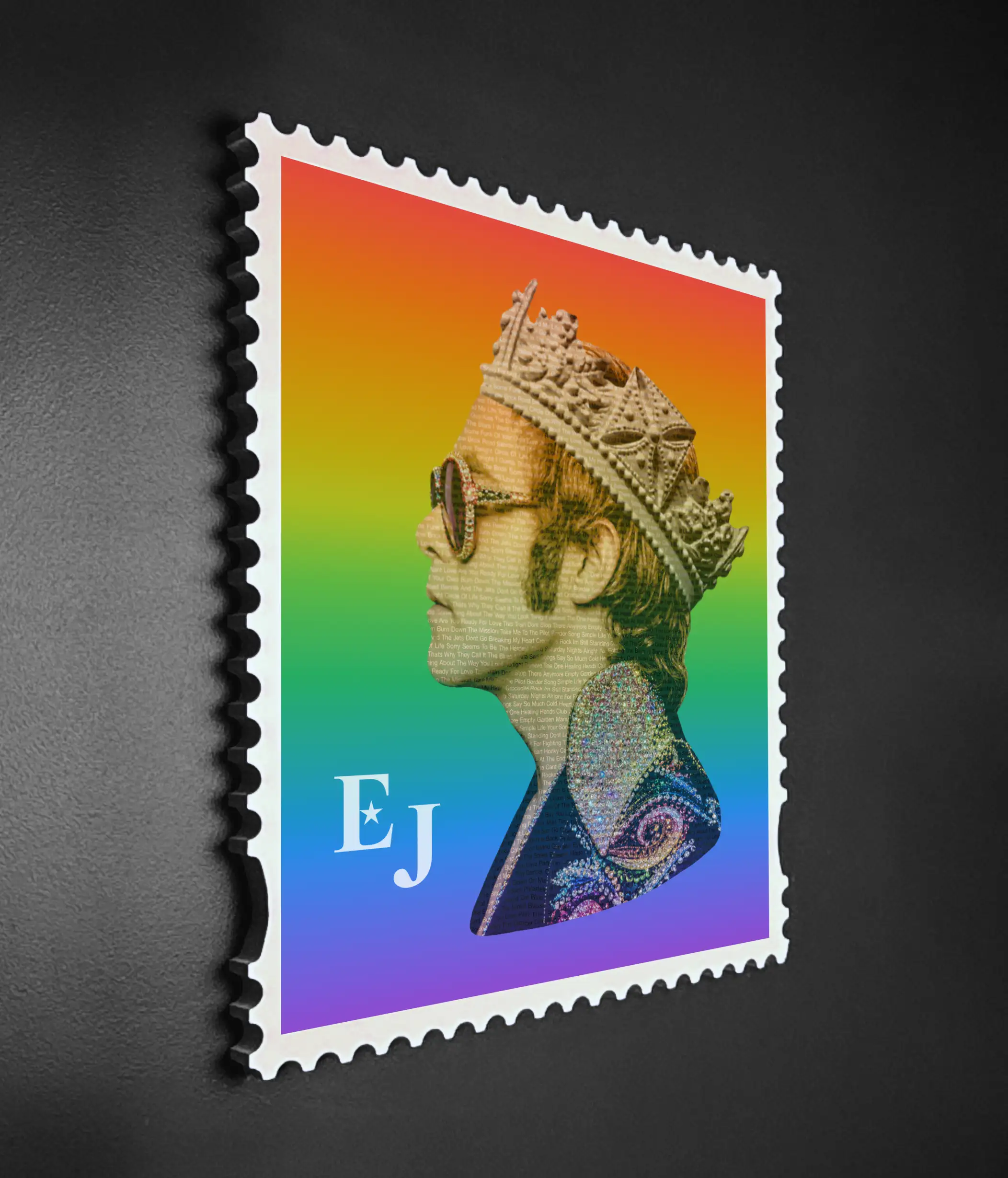 Elton John Rocket King limited edition framed stamp artwork shown at an angle against a dark textured wall