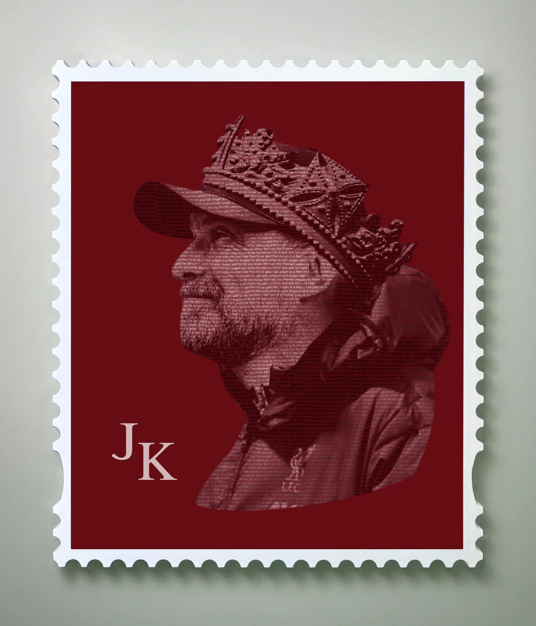Jurgen Klopp quote typography stamp portrait in deep red showing the full stamp frame design with perforated white border, profile silhouette formed entirely from the lyrics of I Feel Fine, and monogram in the lower left.