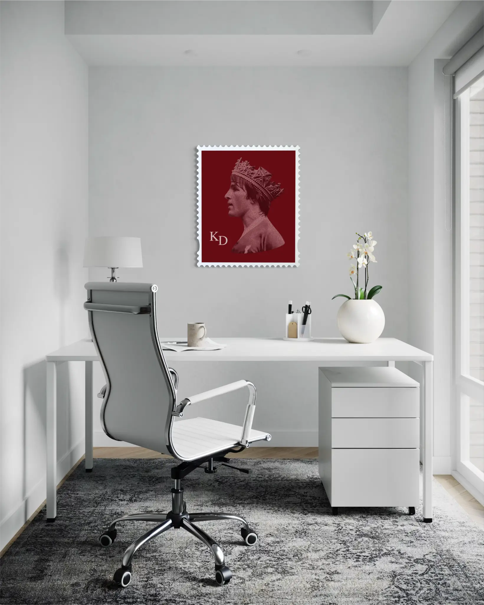 Liverpool stamp artwork featuring Kenny Dalglish in a handmade wooden frame, displayed in a modern home office setting. #size_Large