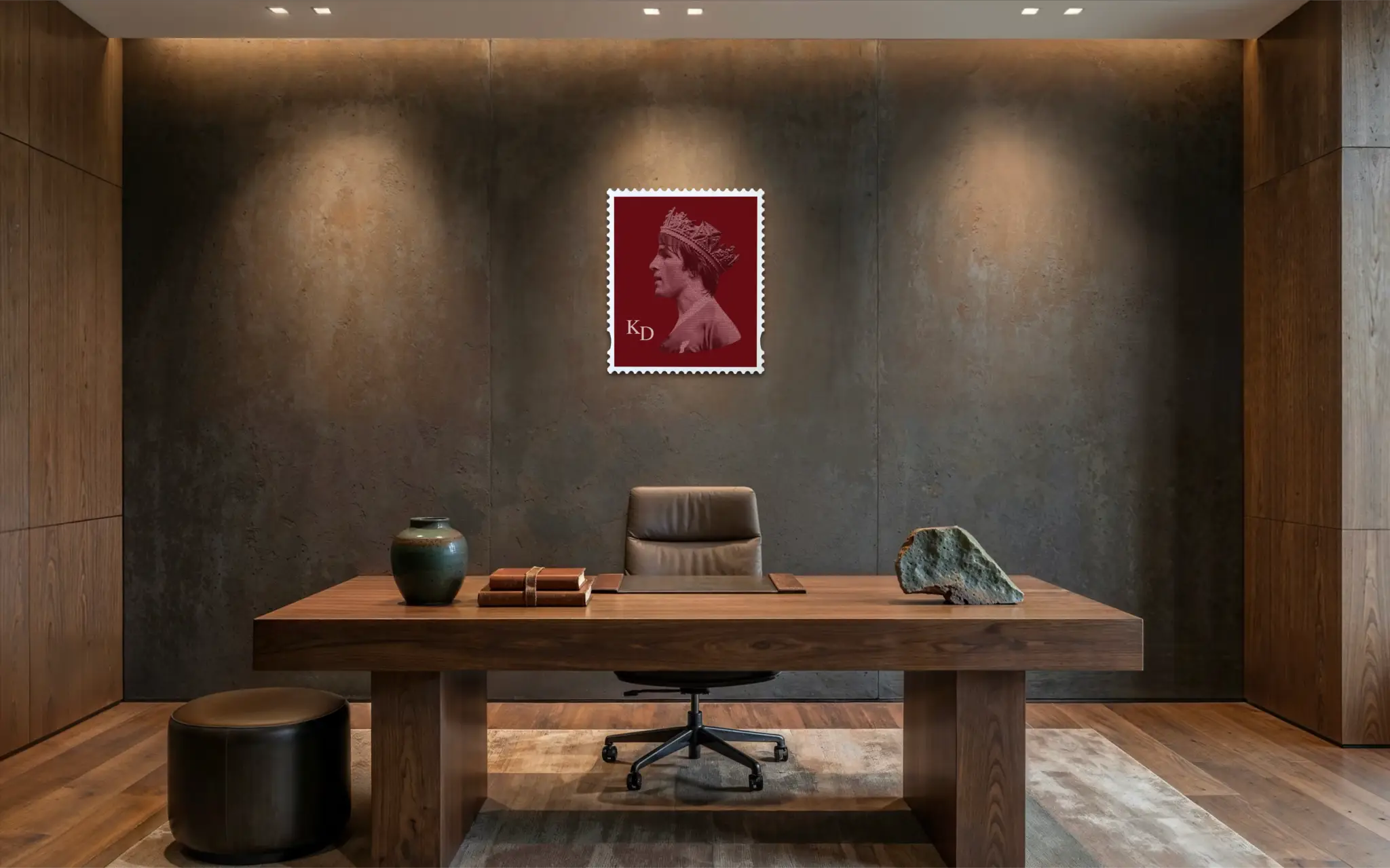 Liverpool stamp artwork featuring Kenny Dalglish in a handmade wooden frame, displayed in a home office setting. #size_Large