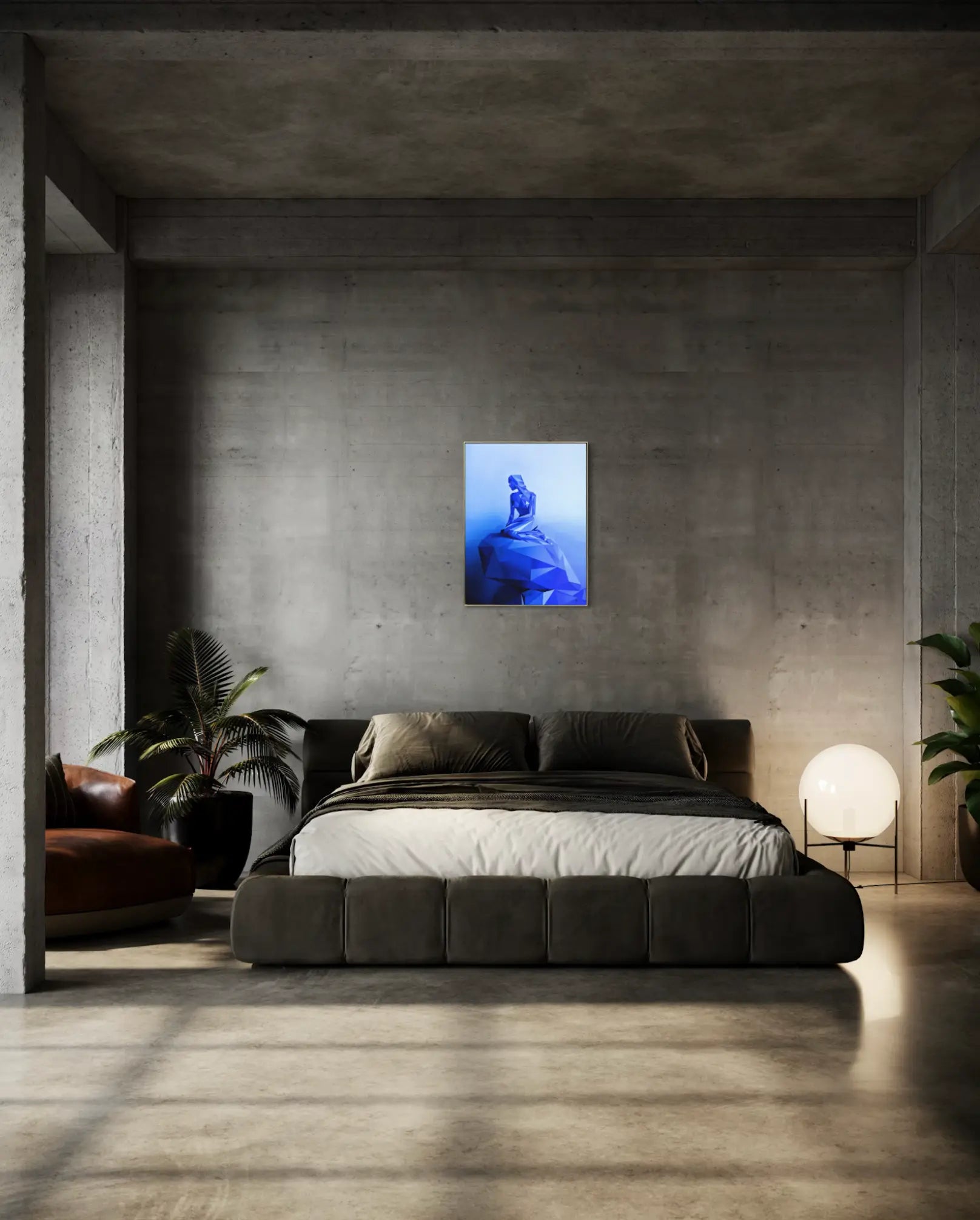 Geometric Little Mermaid aluminium dibond print in silver floater frame hung above a low dark bed in a moody concrete loft bedroom