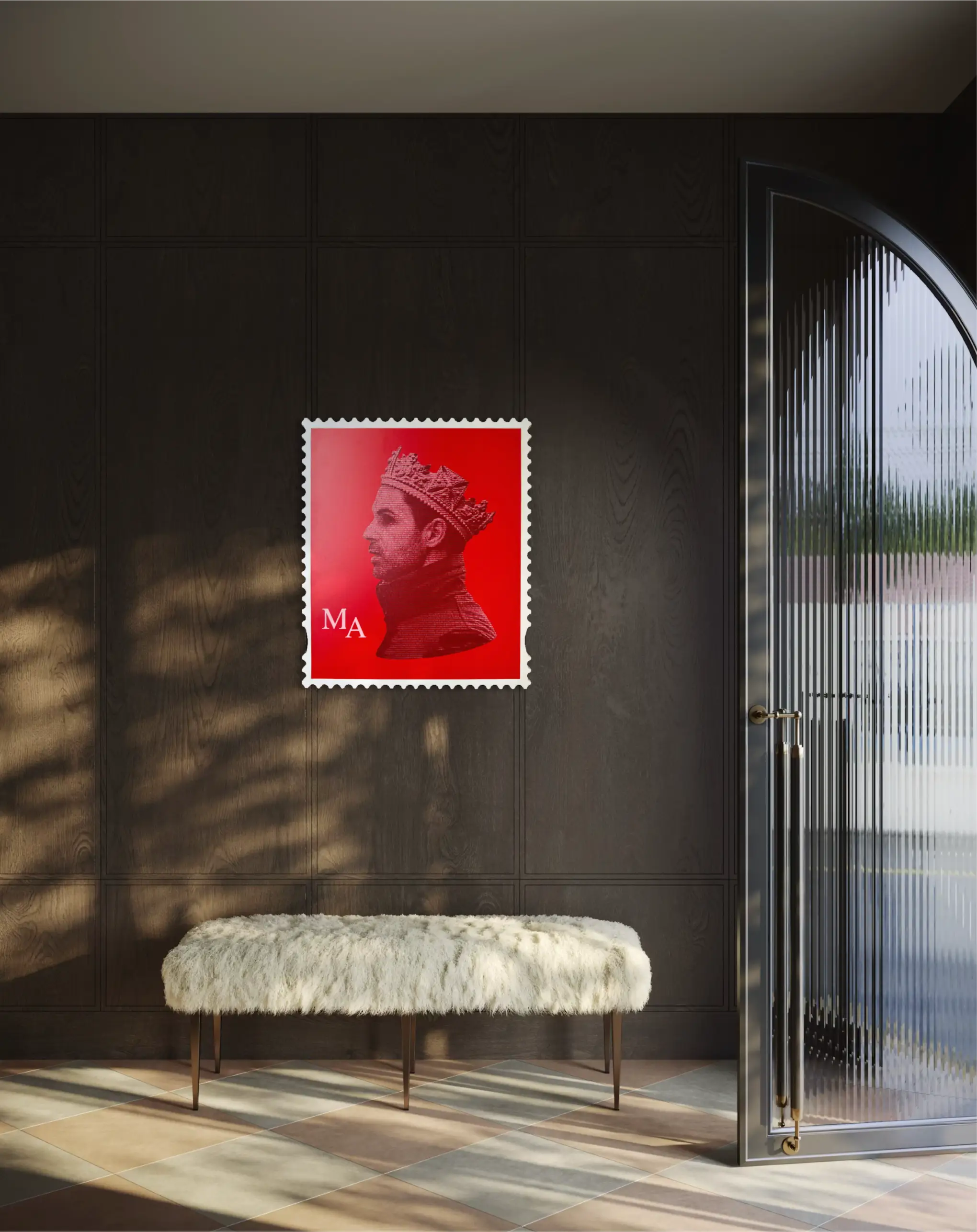 Mikel Arteta limited edition stamp artwork displayed on dark panelled wall in a luxury modern hallway entrance setting with fur bench and arched glass door. #size_large