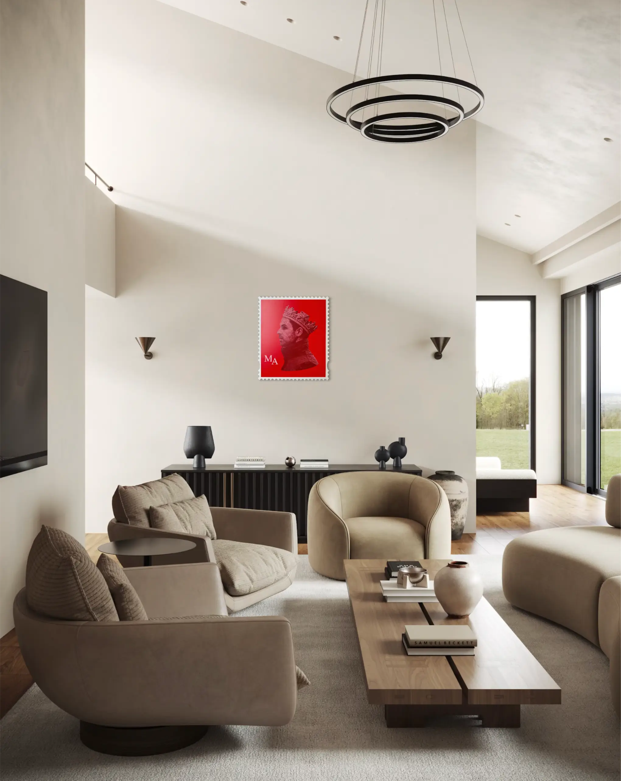 Mikel Arteta limited edition stamp artwork displayed on white wall in a luxury modern living room interior setting with neutral tones and high ceilings. #size_large