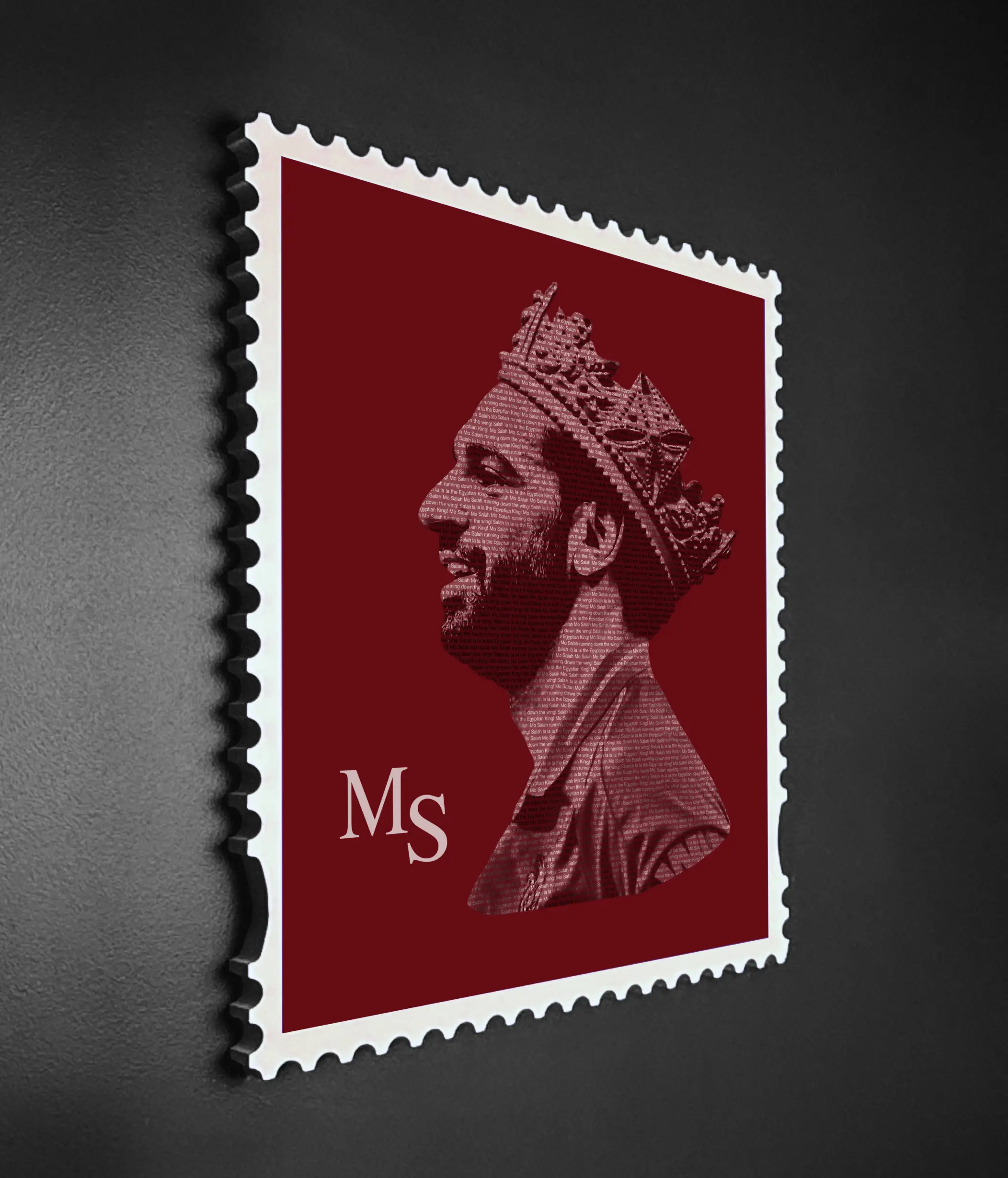 Mo Salah The Egyptian King framed typography stamp portrait shown at angle against dark background, True Royalty limited edition artwork.