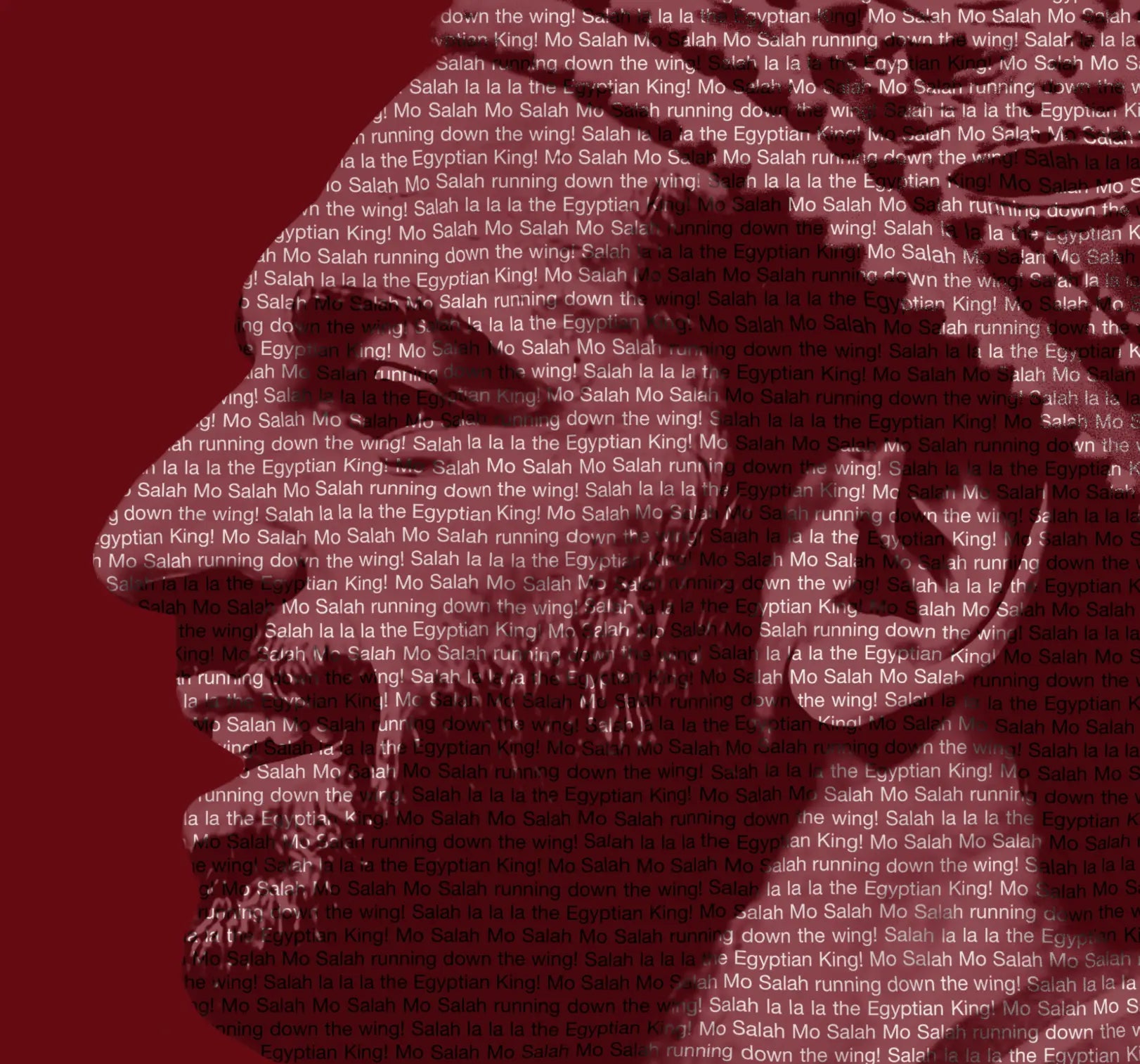 Detail crop of Mo Salah The Egyptian King typography portrait showing fan chant text layered to form the silhouette, fine art print by True Royalty.