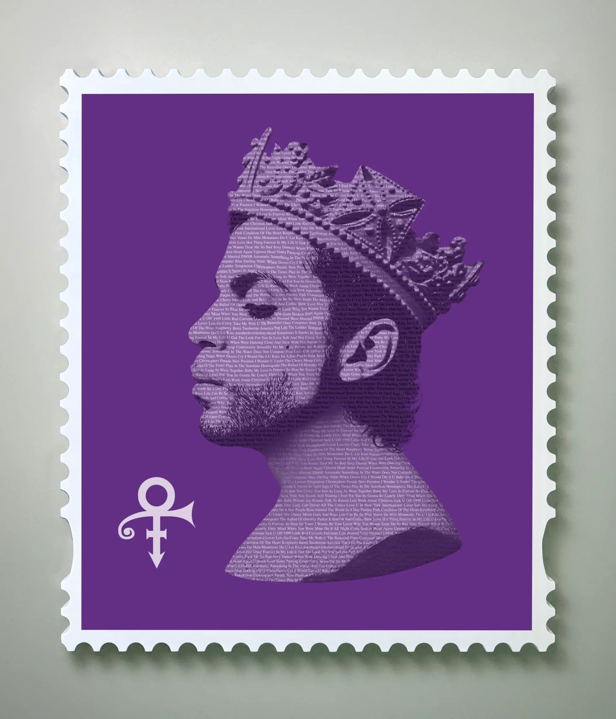 Framed Prince stamp artwork in white wooden frame front view on aluminium print.