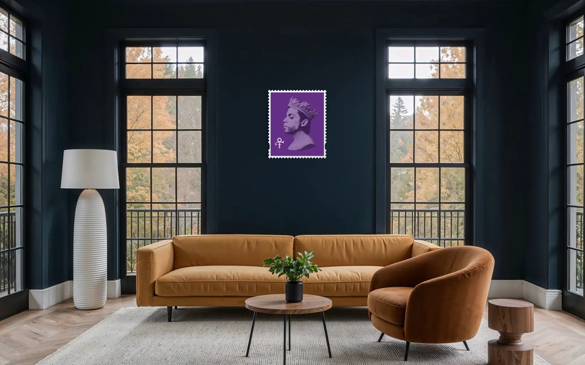 Prince Purple Reign limited edition framed stamp artwork displayed in a large modern living room with dark navy walls, amber sofa, and autumn window views. #size_Large