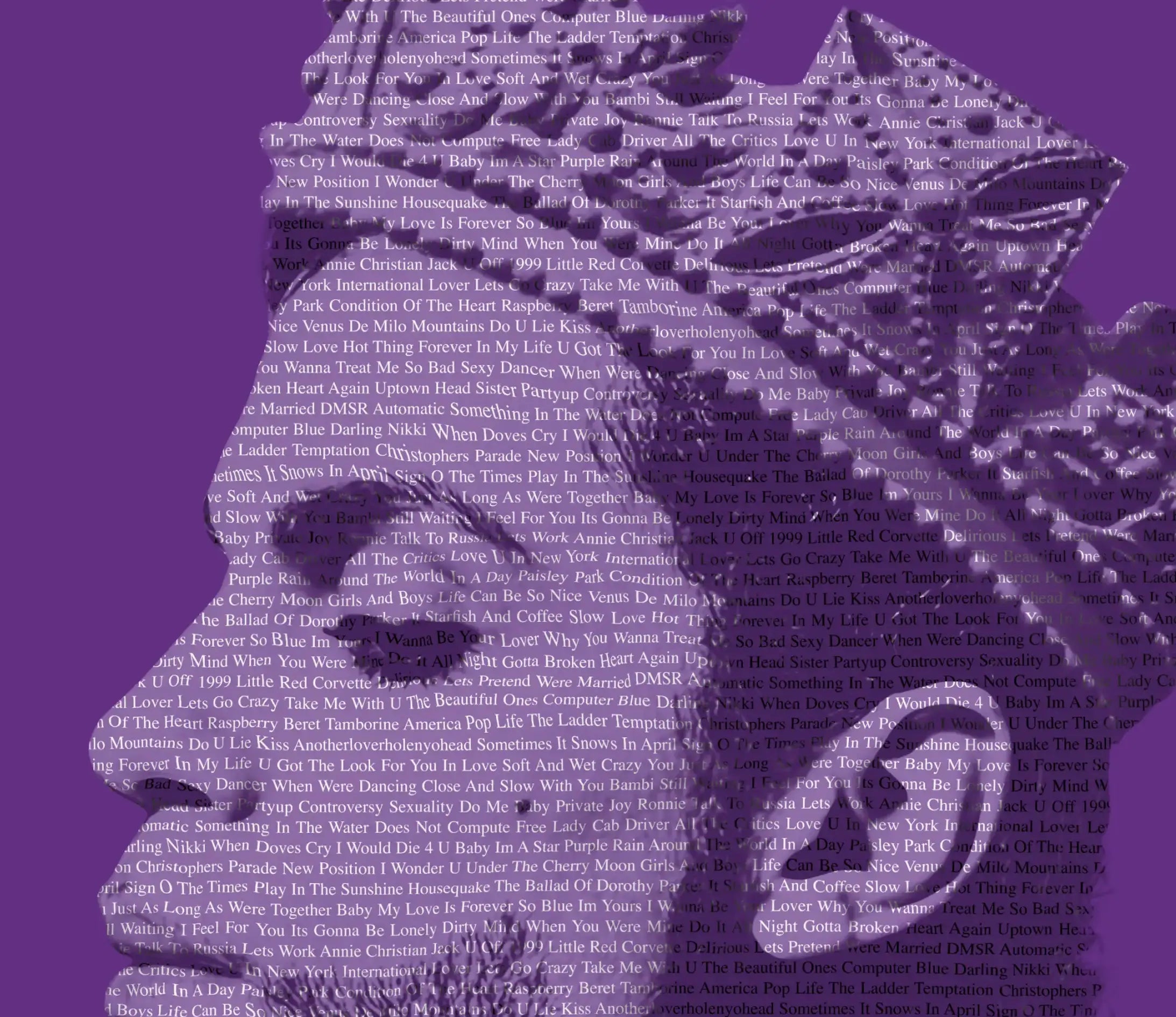Prince Purple Reign limited edition framed stamp artwork – close-up typography portrait composed from Prince song titles on deep purple background