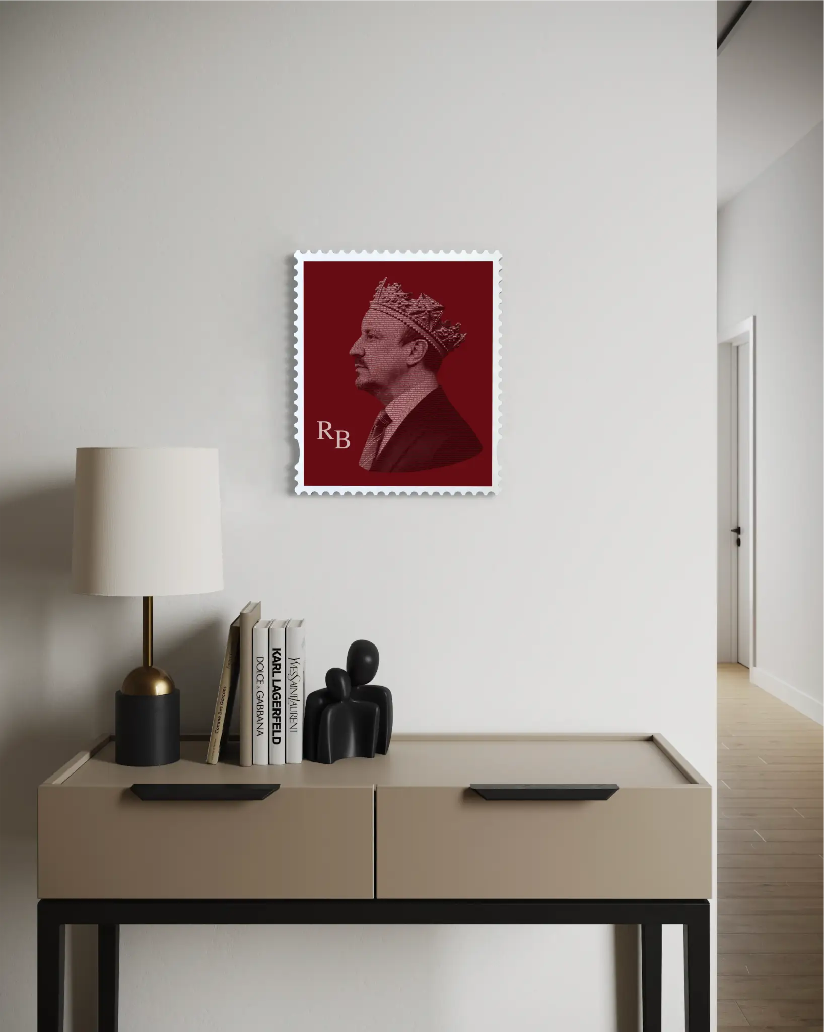 Rafa Benitez quote typography stamp portrait in deep red, displayed above a console table in a contemporary hallway setting. #size_medium