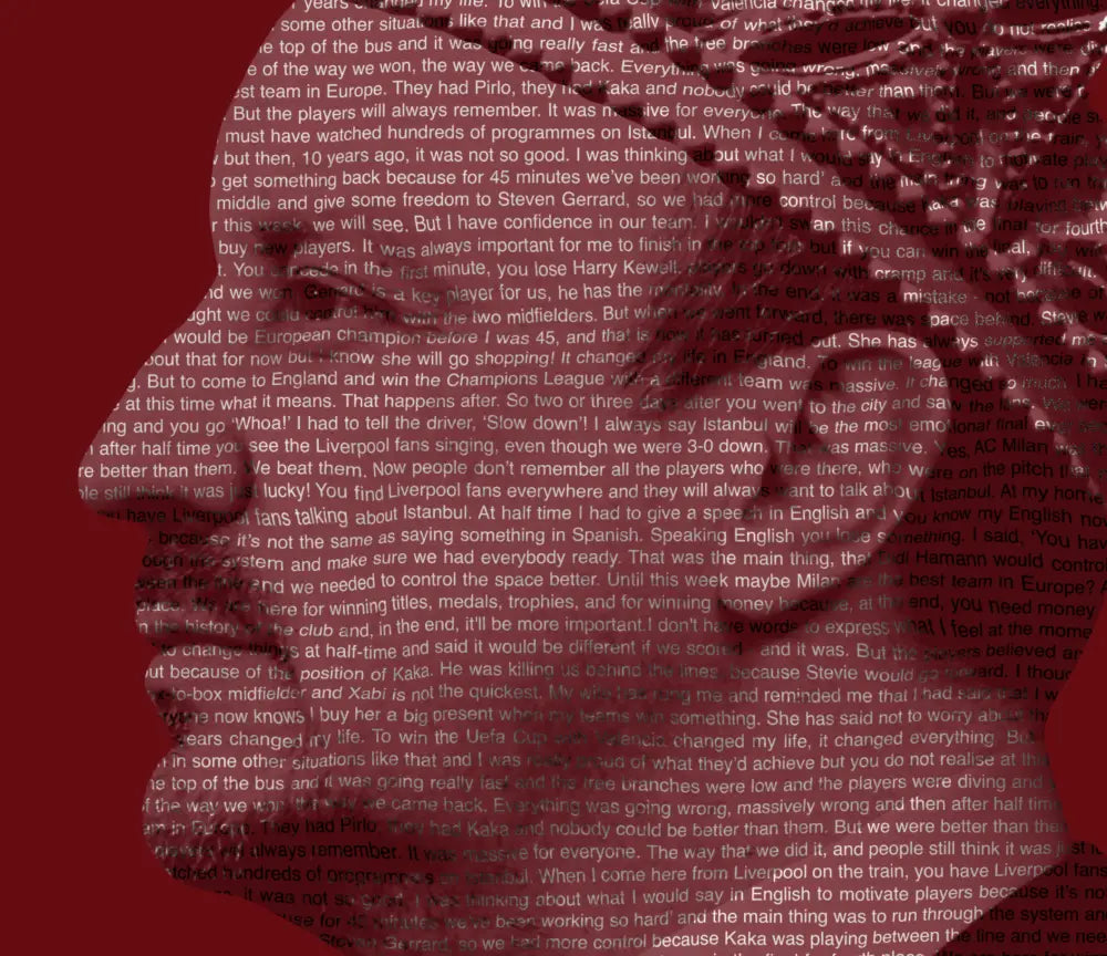Close-up detail of the Rafa Benitez quote typography stamp portrait showing the profile silhouette formed from his quotes about the 2005 Champions League final in Istanbul.