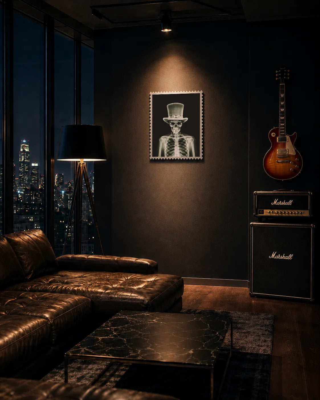Slash Skin & Bones lenticular stamp artwork mounted on a dark textured wall in an industrial living room, beside a Les Paul guitar and Marshall amp stack. #size_large
