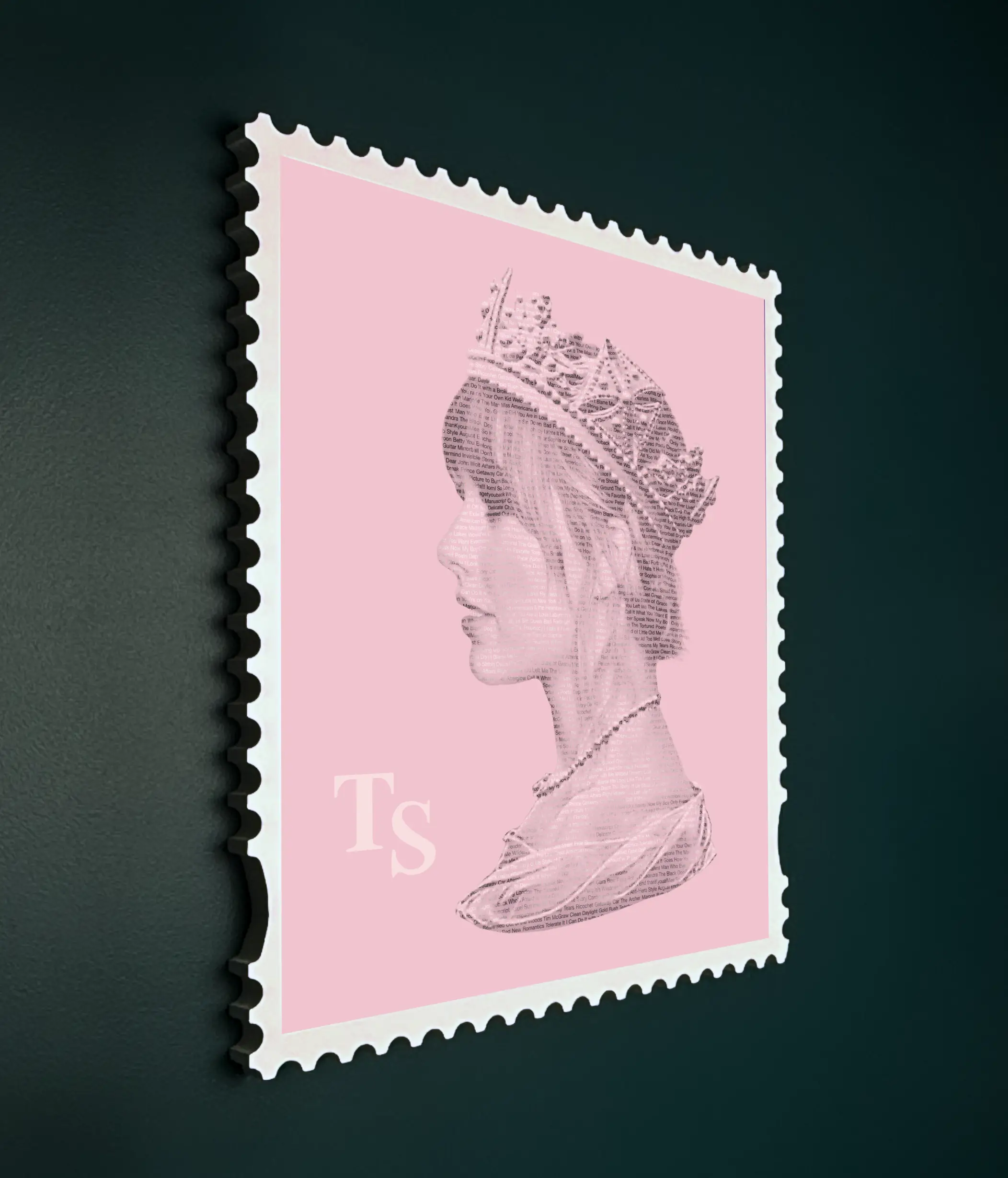 Side angle view of a framed Taylor Swift stamp-style typography artwork showing depth and structure of the handmade wooden frame and layered design