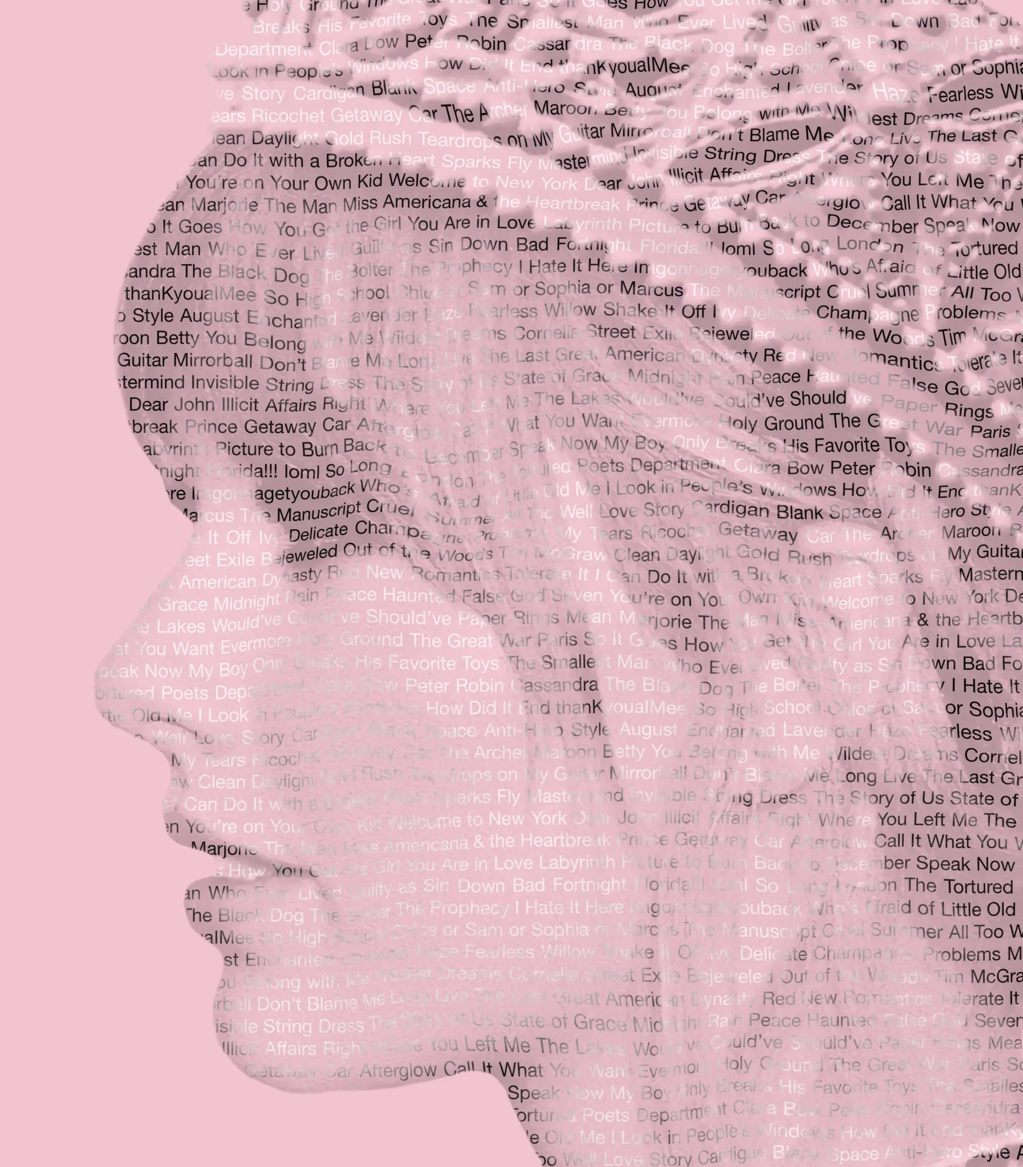 Close-up detail of the Long Live the Queen Taylor Swift stamp art print, showing the intricate typography portrait technique where Taylor Swift song titles combine to form her side-profile silhouette against a pink background