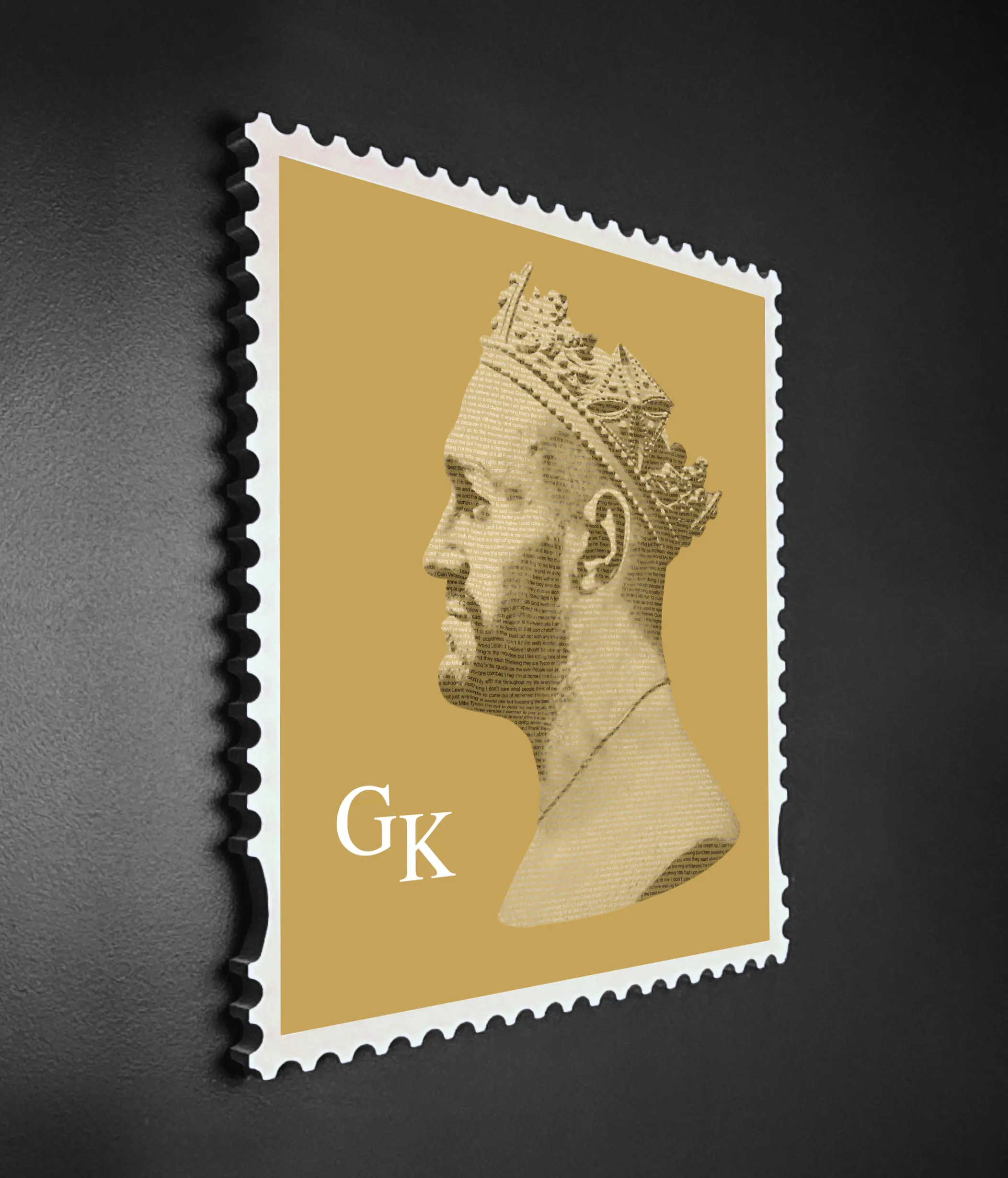 Tyson Fury The Gypsy King framed typography stamp portrait shown at angle against dark background, True Royalty limited edition artwork.