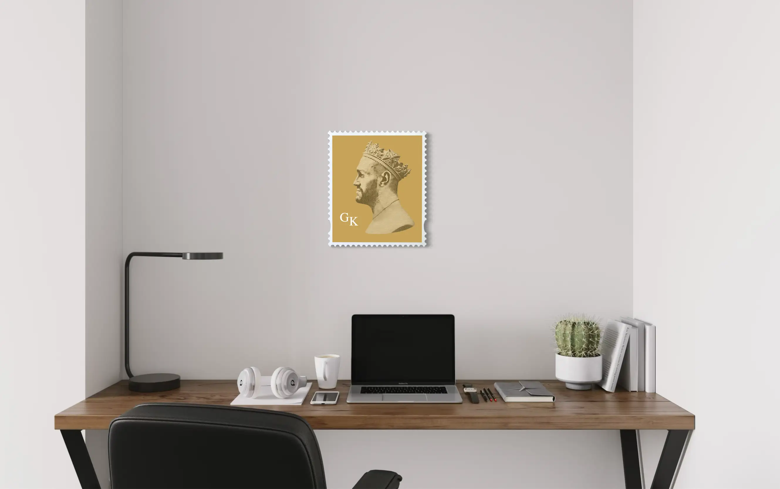 Tyson Fury The Gypsy King typography stamp portrait above a minimal wood desk home office setting, limited edition fine art print by True Royalty. #size_medium