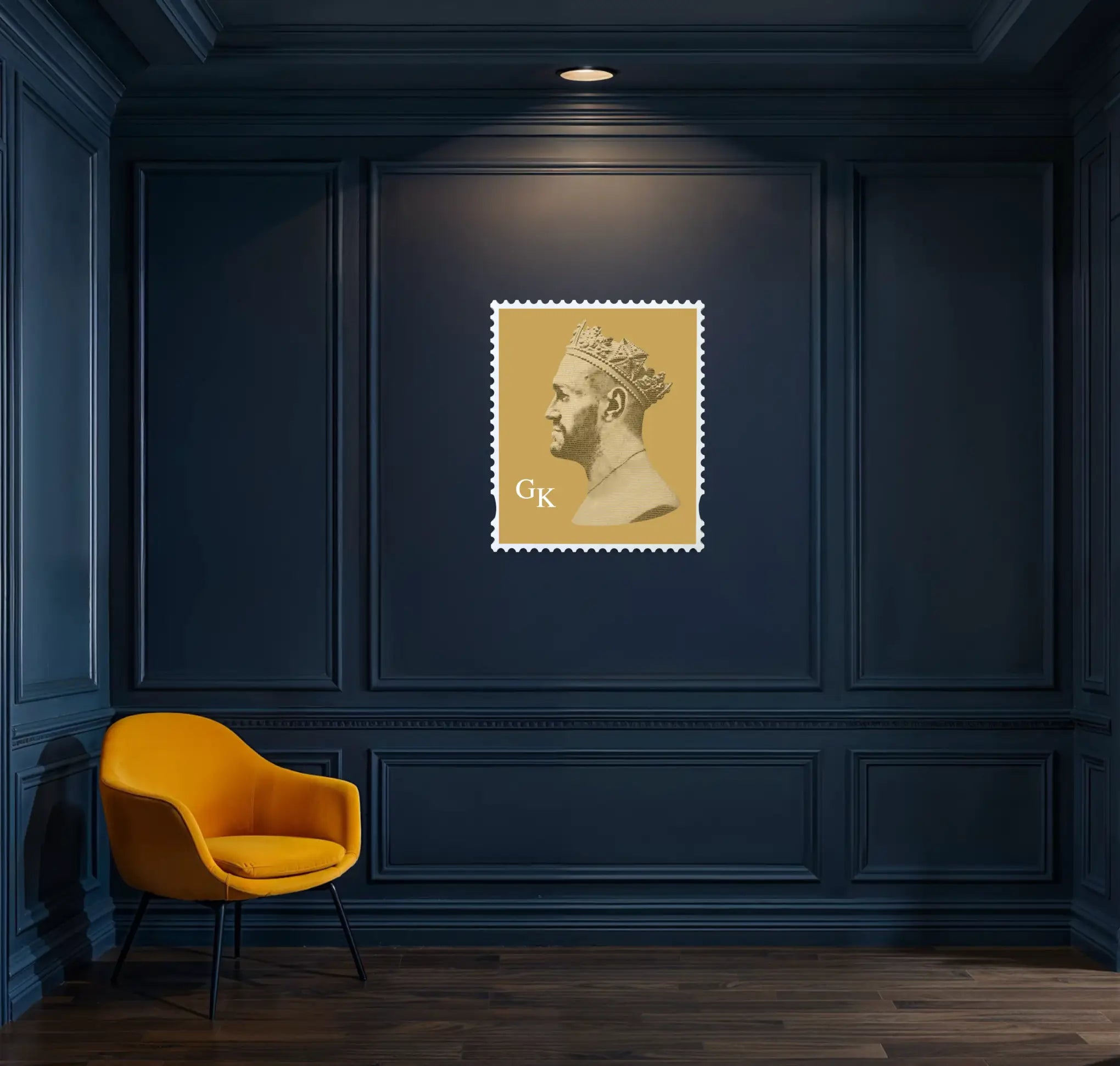 Tyson Fury The Gypsy King typography stamp portrait displayed in a navy panelled room, Sporting Royalty limited edition artwork by True Royalty. #size_large