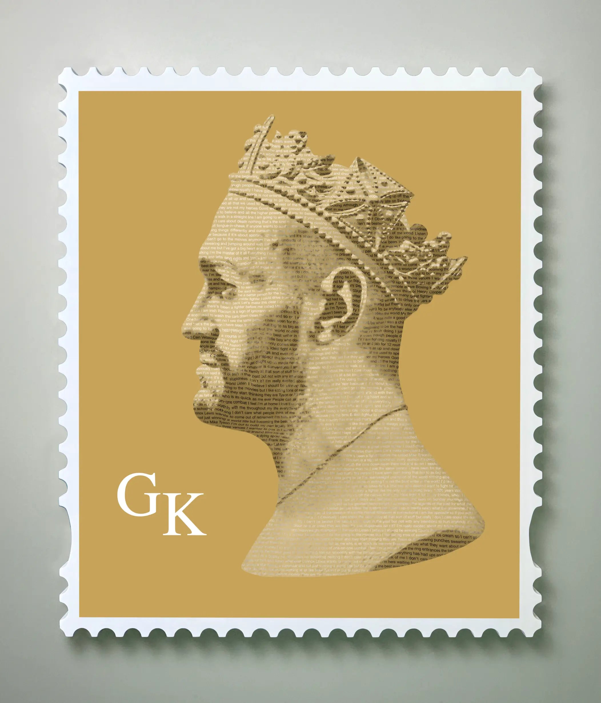 Detail view of Tyson Fury The Gypsy King typography stamp portrait showing quote text forming the silhouette, fine art print by True Royalty Sporting Royalty collection.