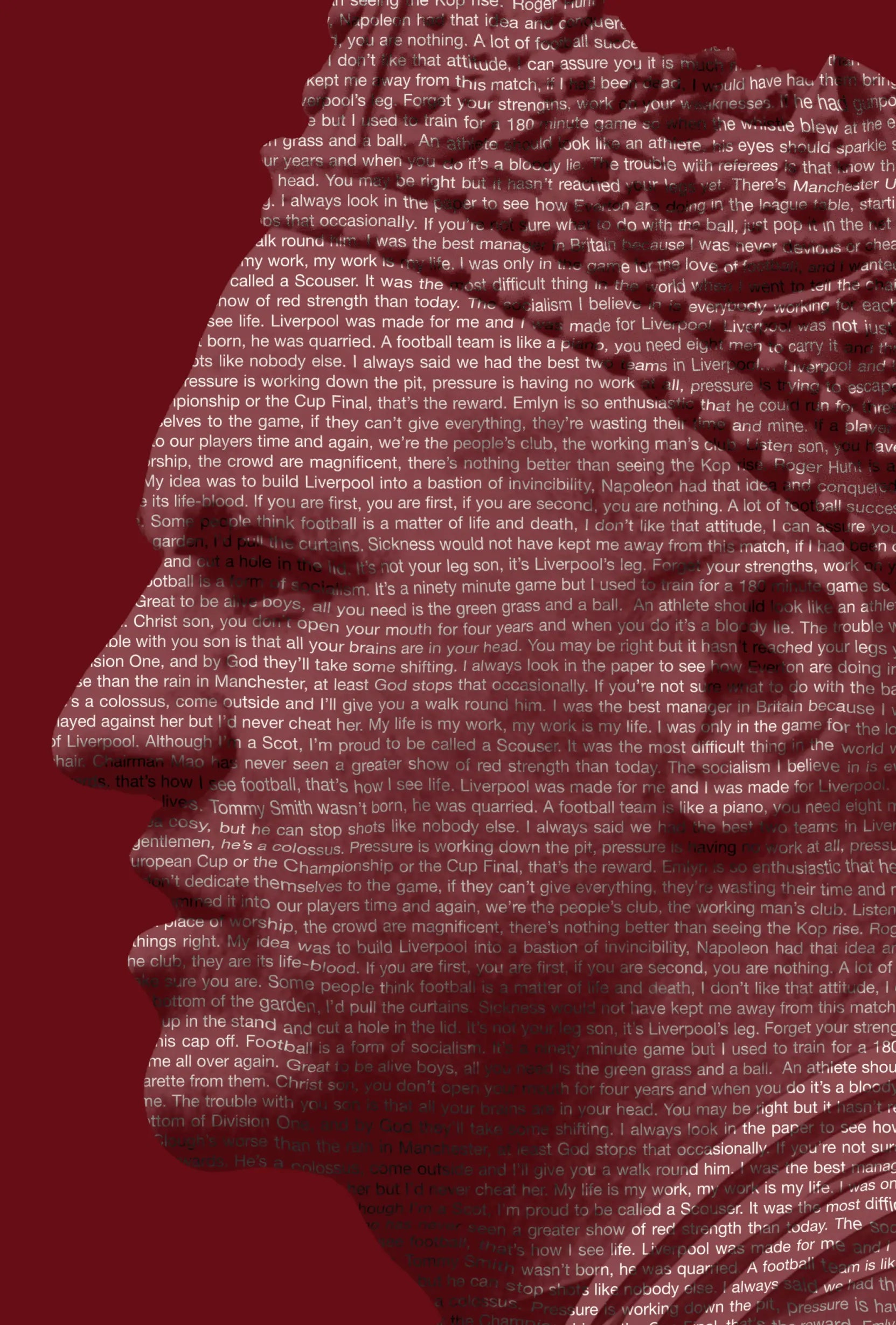 Close up detail of Bill Shankly artwork featuring famous quotes typography