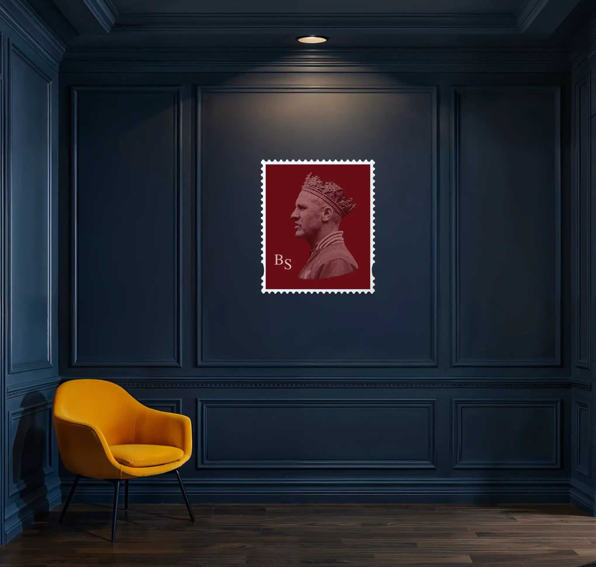 Bill Shankly - The Man Who Built a Club limited edition framed stamp artwork displayed on dark navy wall in a luxury interior setting with wooden flooring and mustard accent chair. #size_Large