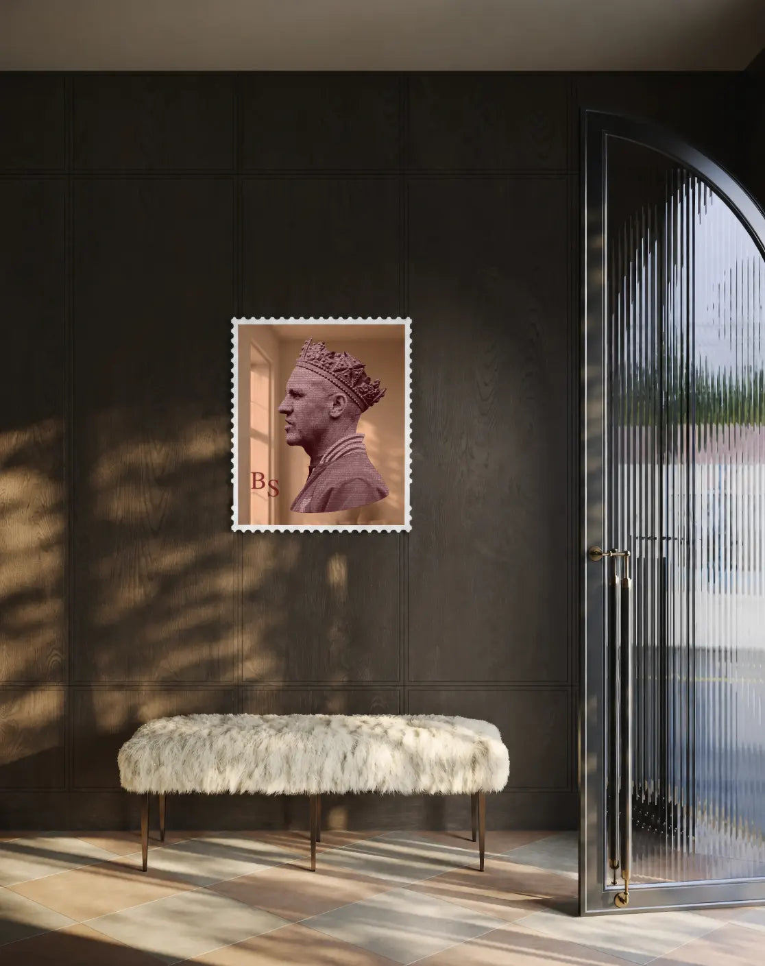 Bill Shankly typography portrait in rose gold mirror acrylic stamp frame hung on a dark panelled wall above a fur bench in a luxury hallway #size-large #colour-rose gold
