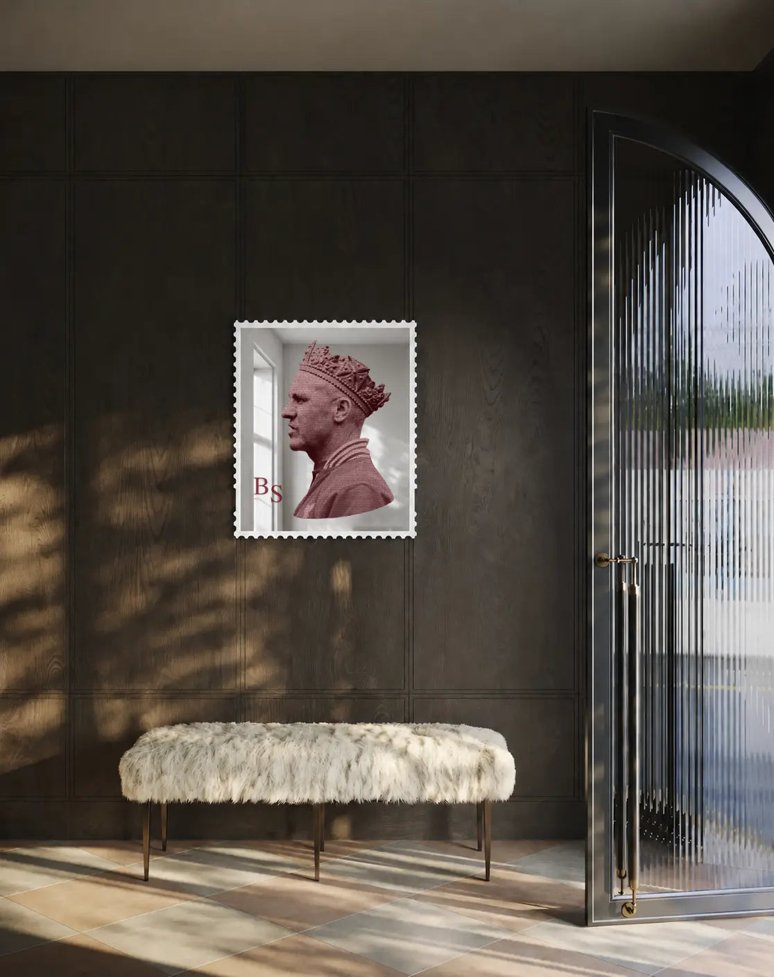 Bill Shankly typography portrait in silver mirror acrylic stamp frame on a dark wood panelled wall in an elegant hallway with arched glass door. #size-large #colour-silver