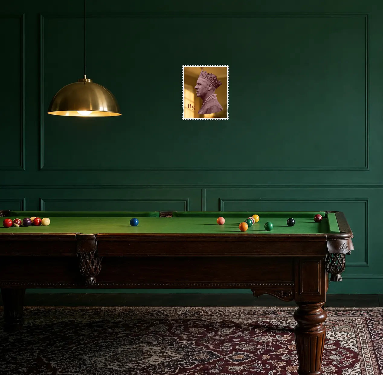 Bill Shankly typography portrait in gold mirror acrylic stamp frame displayed above a snooker table in a dark green games room. #size_medium #colour-gold