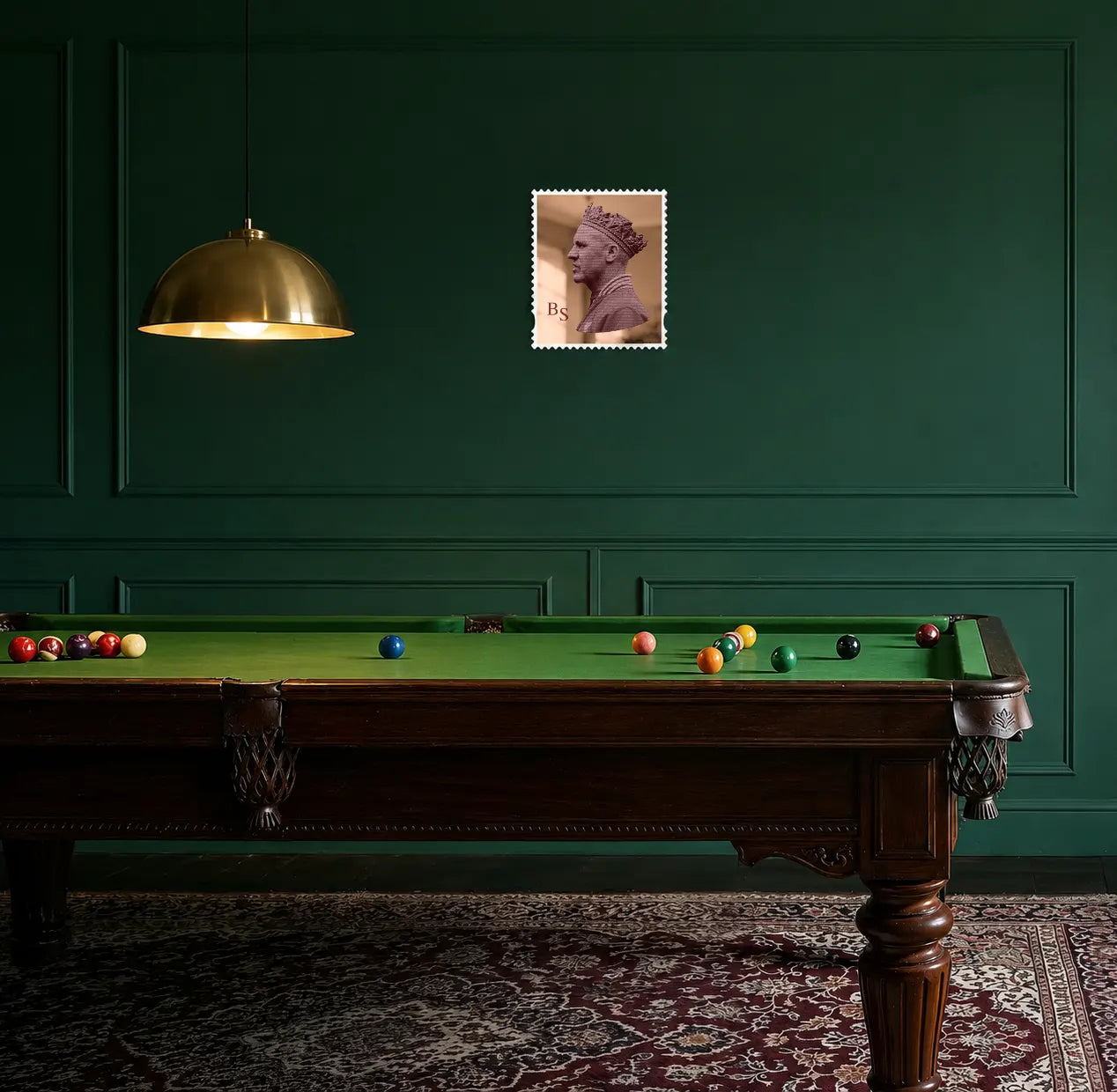 Bill Shankly typography portrait in rose gold mirror acrylic stamp frame displayed above a snooker table in a dark green games room. #size_medium #colour-rose gold 