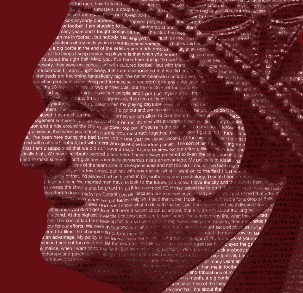 Extreme close-up of the Bob Paisley stamp portrait revealing the intricate typographic detail – his most iconic quotes layered to form every contour of his face and crown, printed on gallery-grade aluminium dibond with exceptional clarity and depth.