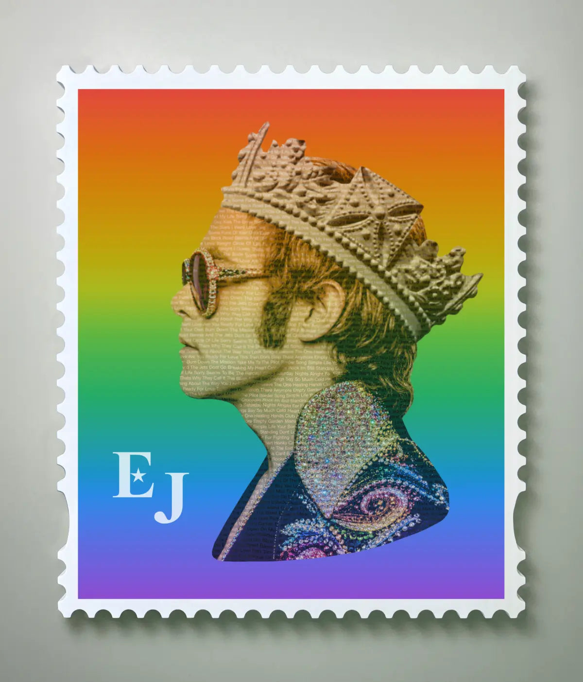 Elton John Rocket King limited edition framed stamp artwork with rainbow gradient background and song title typography portrait