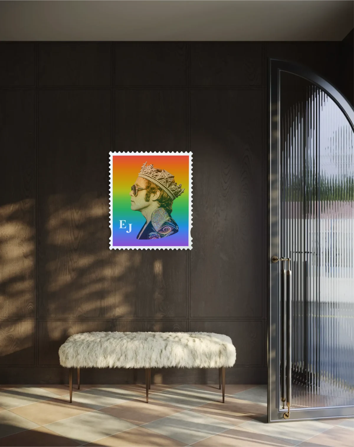 Elton John Rocket King limited edition framed stamp artwork displayed on a dark panelled hallway wall above a sheepskin bench. #size_large