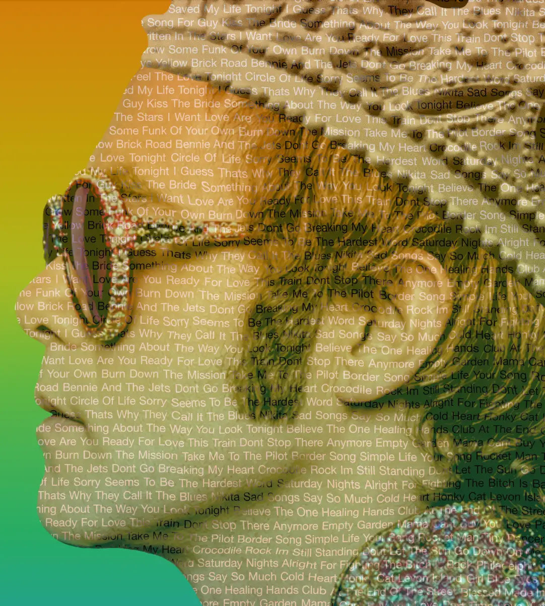 Close up detail of Elton John Rocket King framed stamp artwork showing song titles forming the profile portrait and jewelled sunglasses
