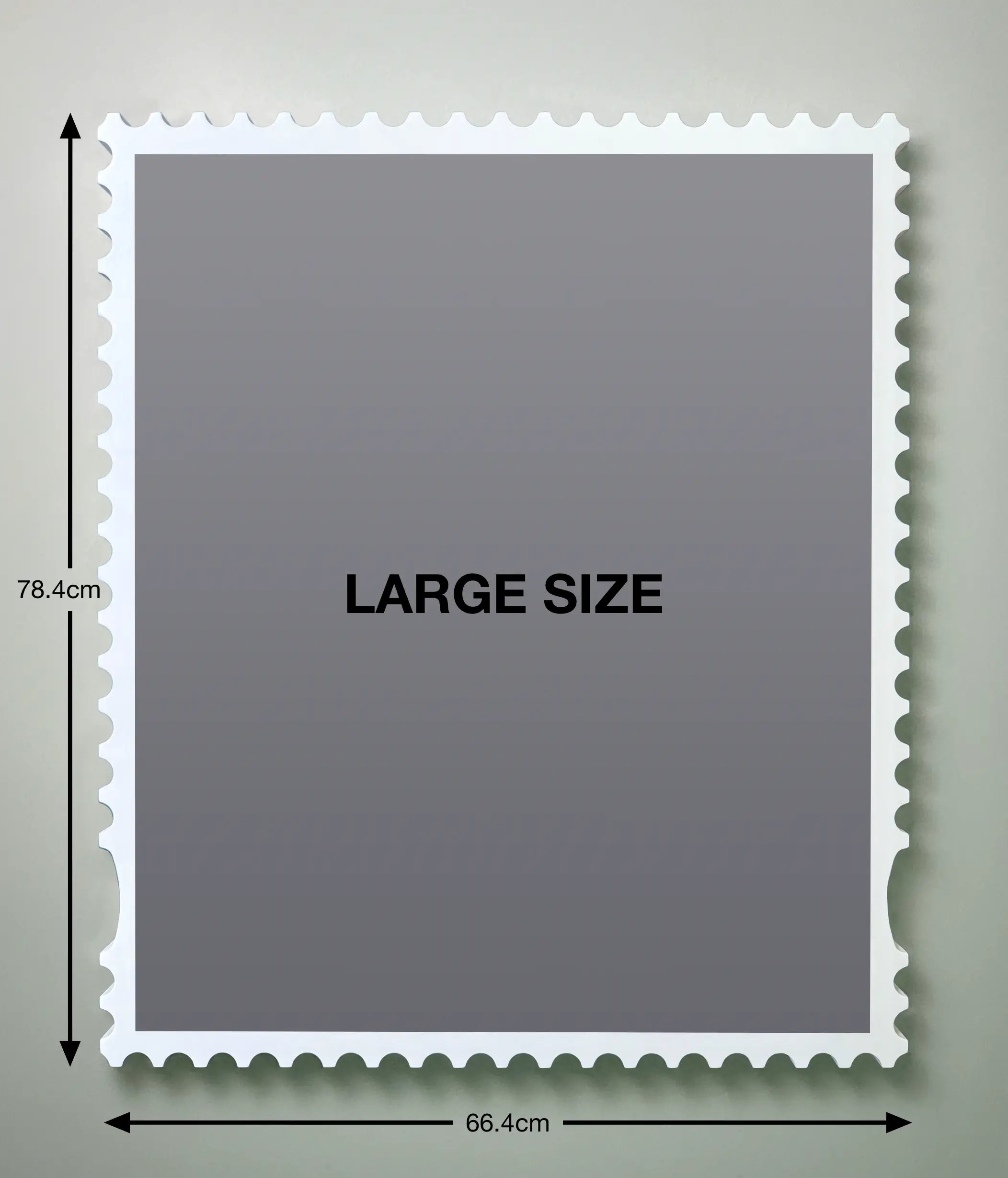 Large framed stamp artwork size guide showing 66.4cm x 78.4cm dimensions of white wooden frame with aluminium print layout. #size_Large