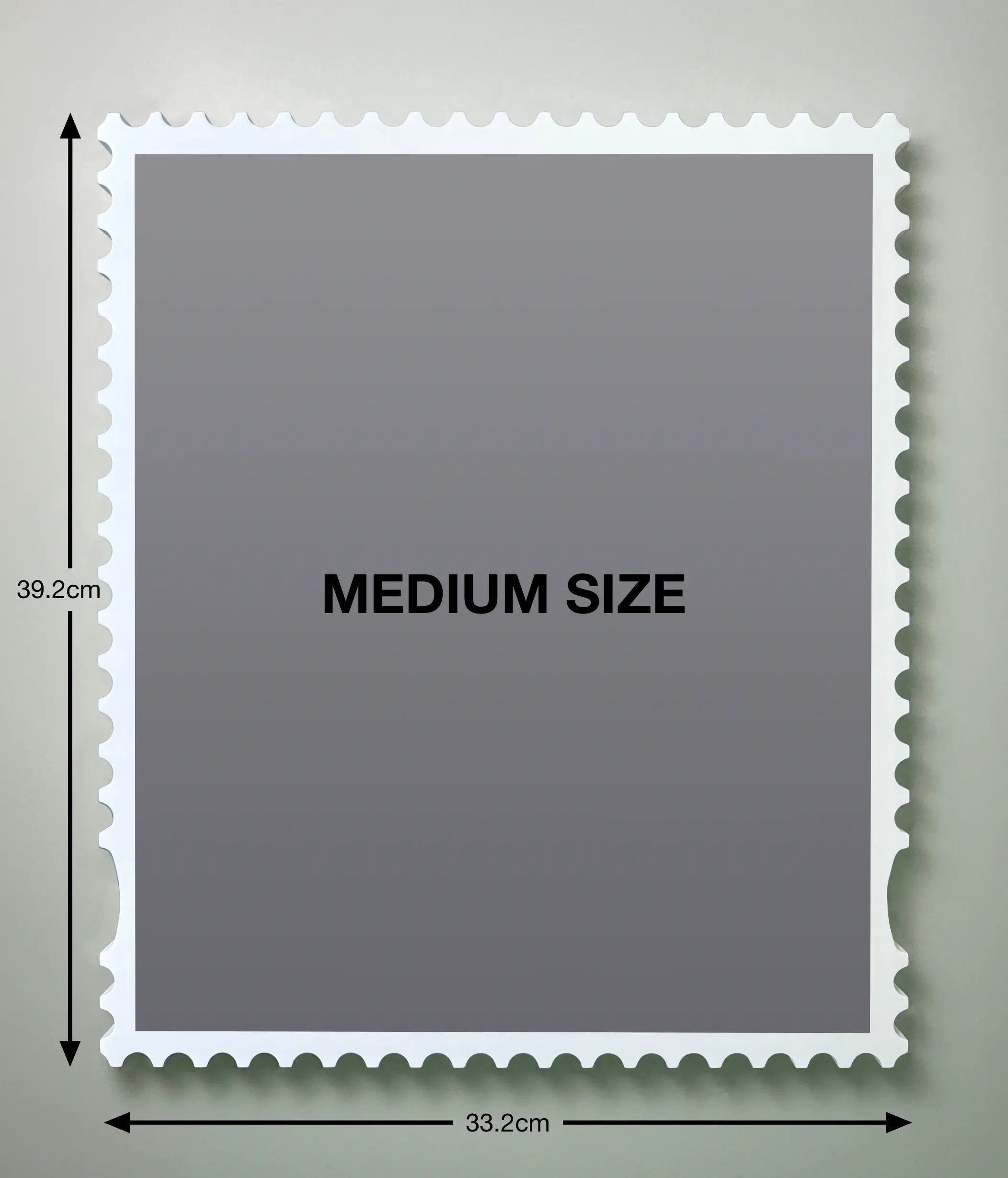 Medium framed stamp artwork size guide showing 33.2cm x 39.2cm dimensions of white wooden frame with aluminium print layout. #size_Medium