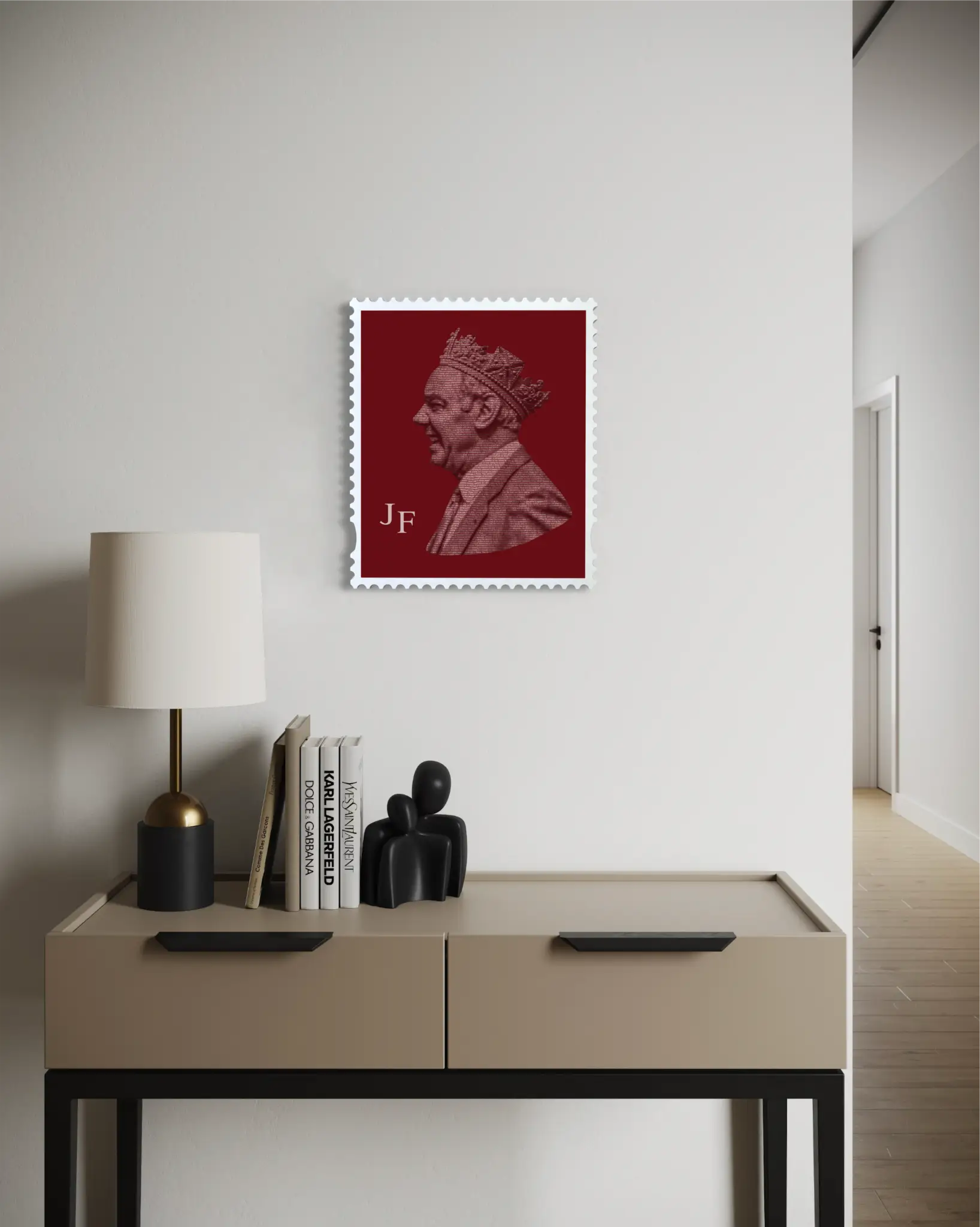 oe Fagan quote mosaic stamp artwork displayed on a white wall above a modern beige console cabinet styled with a table lamp, fashion coffee table books, and a sculptural figurine – showing the piece as refined hallway wall art. #size-medium