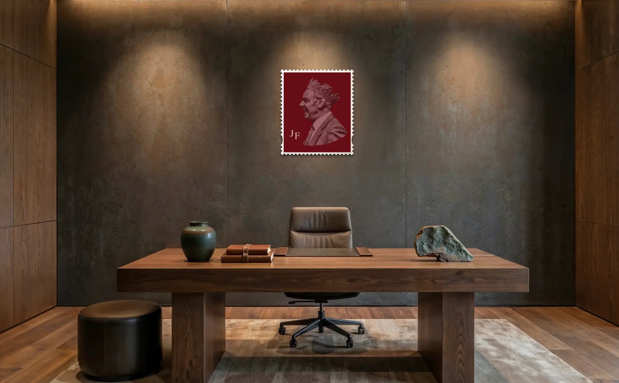 Joe Fagan quote stamp artwork mounted on a textured concrete wall in a dark, moody luxury office, spotlit above a solid walnut desk with leather chair, ceramic vase, stacked books, and a raw stone – a bold centrepiece in a high-end interior. #size_large