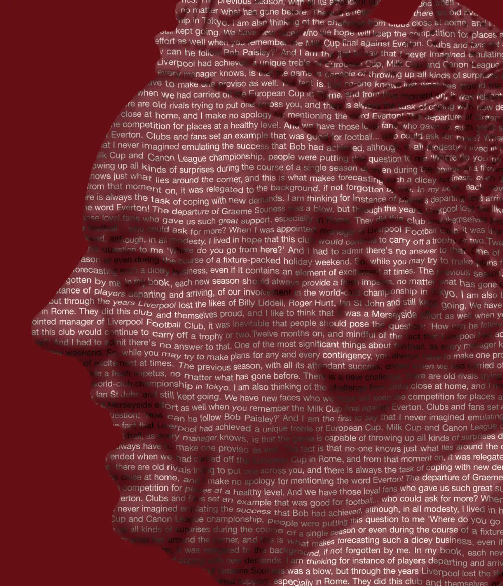 Extreme close-up of the Joe Fagan stamp portrait revealing the intricate typographic detail – his most iconic quotes layered to form every contour of his face and crown, printed on gallery-grade aluminium dibond with exceptional depth and clarity.