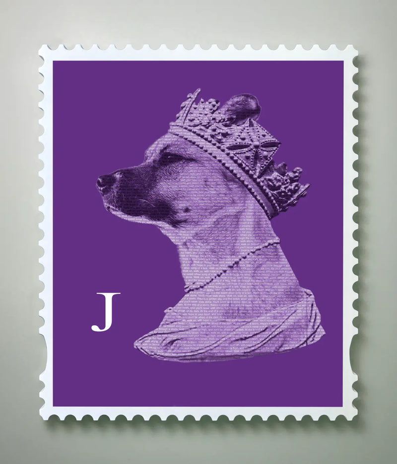 Bespoke quote typography portrait of a dog named Joni wearing a royal crown, rendered as a purple stamp silhouette filled with You'll Never Walk Alone lyrics, in a white perforated stamp frame.