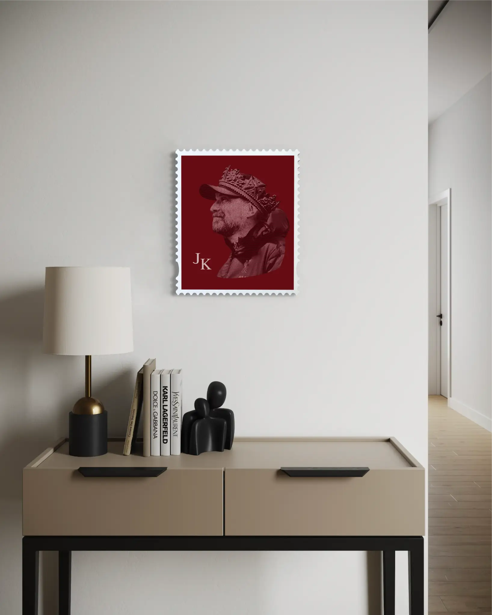 Jurgen Klopp quote typography stamp portrait in deep red, displayed above a console table in a contemporary hallway setting. #size_medium
