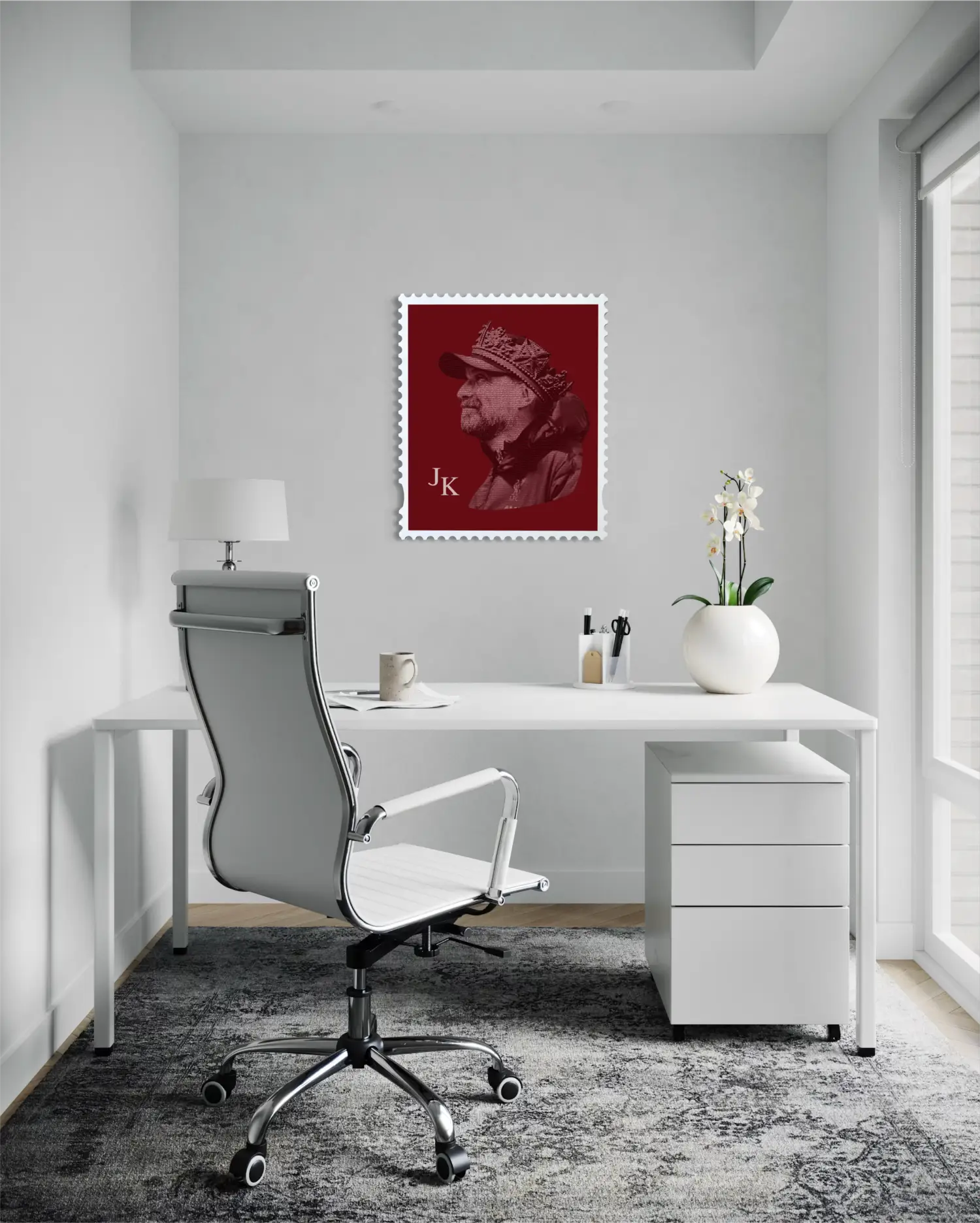 Jurgen Klopp quote typography stamp portrait in deep red, displayed above a desk in a bright minimalist home office setting. #size_large