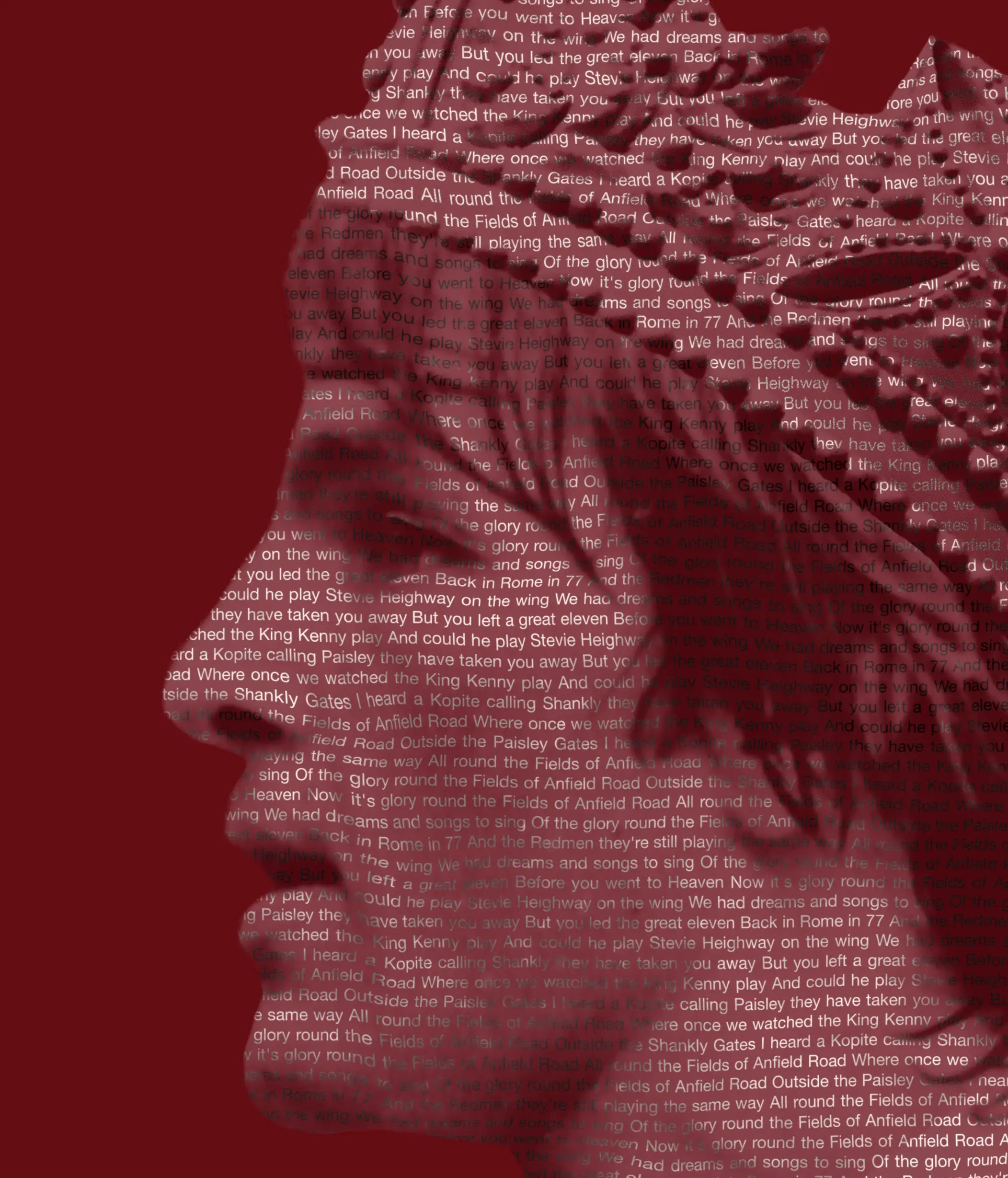 Close up detail of Kenny Dalglish artwork featuring Fields of Anfield Road typography