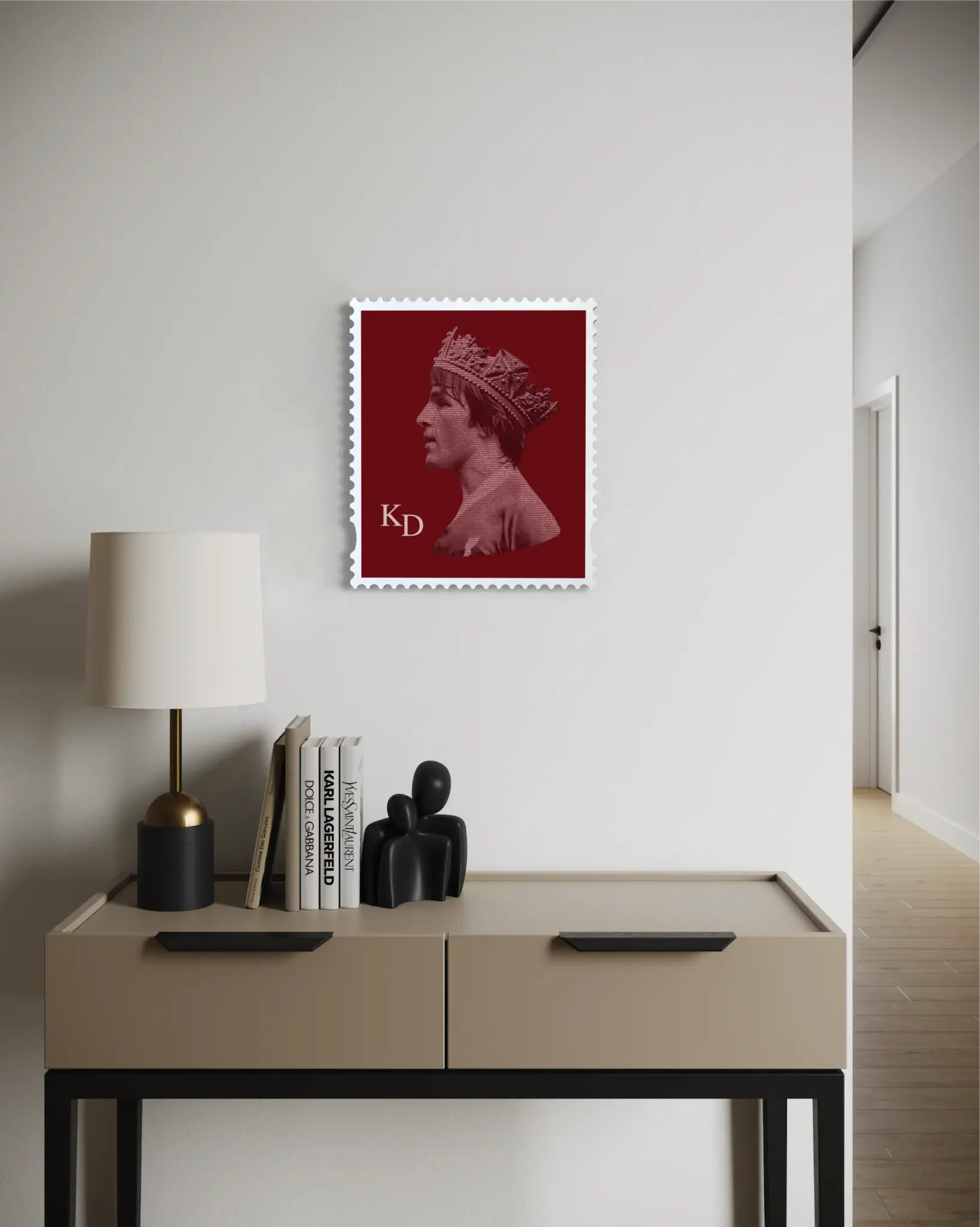Framed stamp artwork of Kenny Dalglish displayed in a modern hallway interior, styled above a cabinet in a handmade wooden frame. #size_Medium