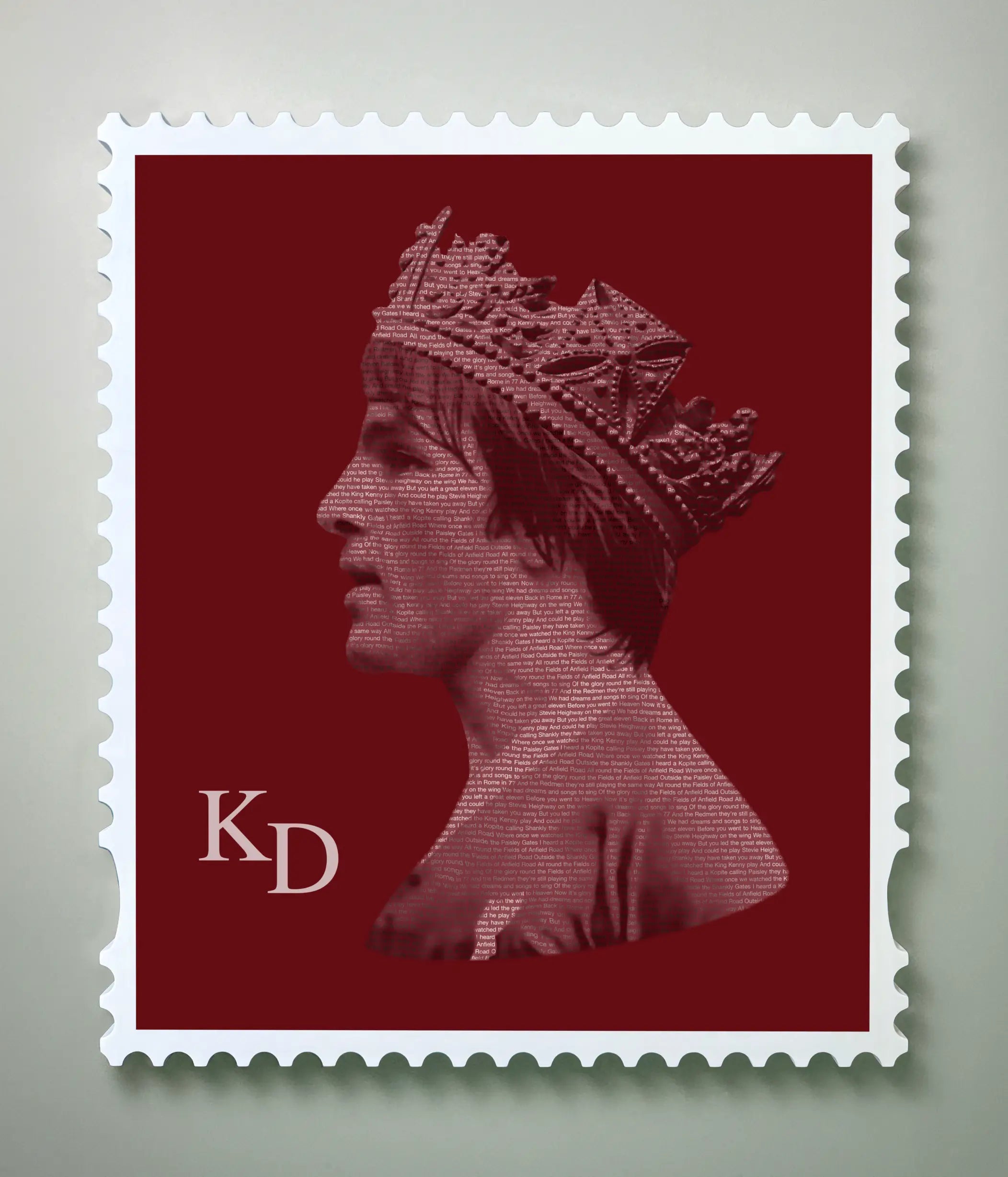 Framed Kenny Dalglish stamp artwork in white wooden frame front view on aluminium print