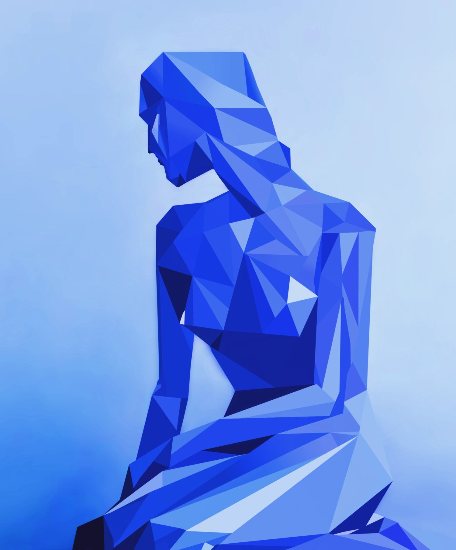 Close-up detail of geometric Little Mermaid aluminium dibond print showing triangular blue facets across the figure's upper body.