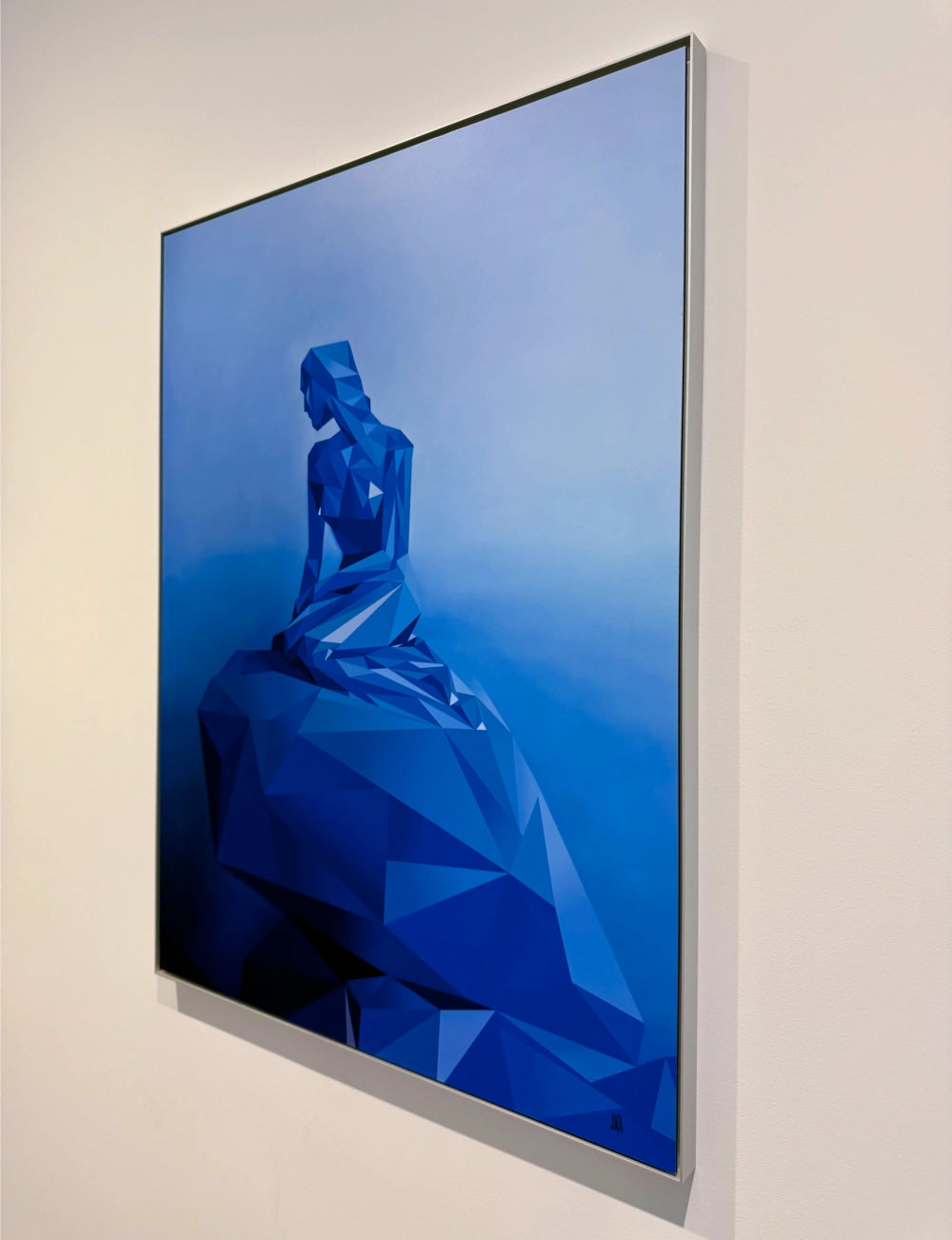 Limited edition geometric Little Mermaid print on aluminium dibond, silver floater frame, angled view on white gallery wall.
