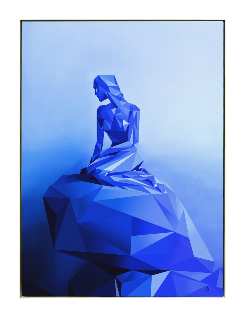Limited edition aluminium dibond print of the Little Mermaid rendered in low-polygon geometric blue, on white background.